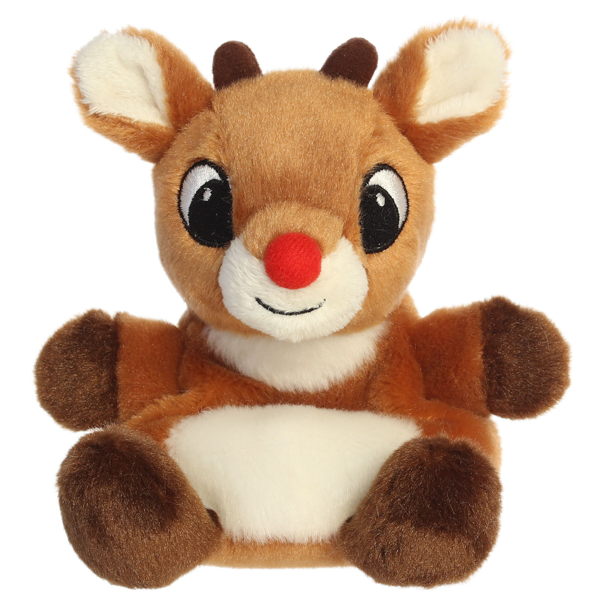 A Rudolph Palm Pal plush toy from Aurora with a brown body, red nose, tiny antlers, and embroidered features.