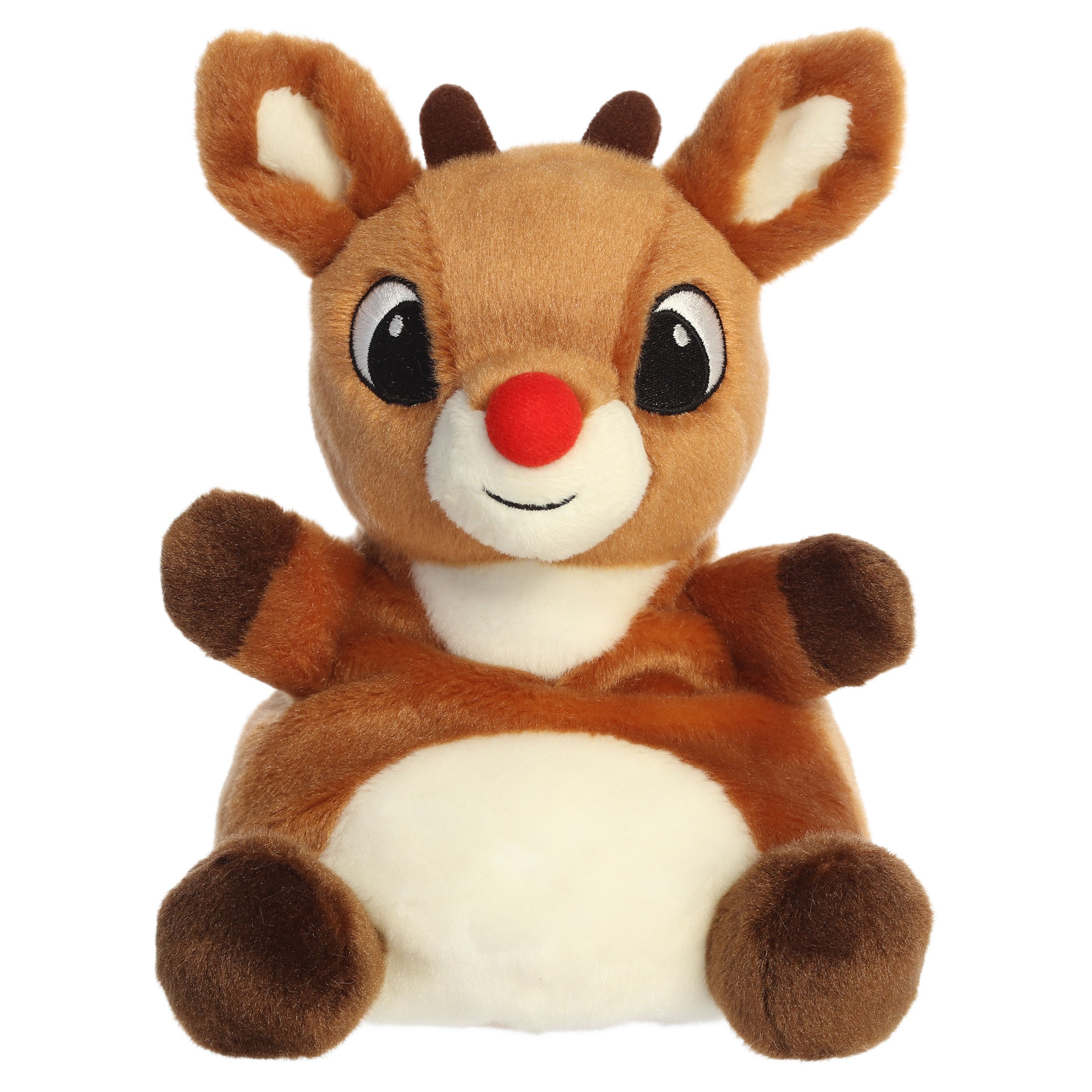 A party-sized Rudolph plush toy from Aurora with a brown body, red nose, tiny antlers, and embroidered features.