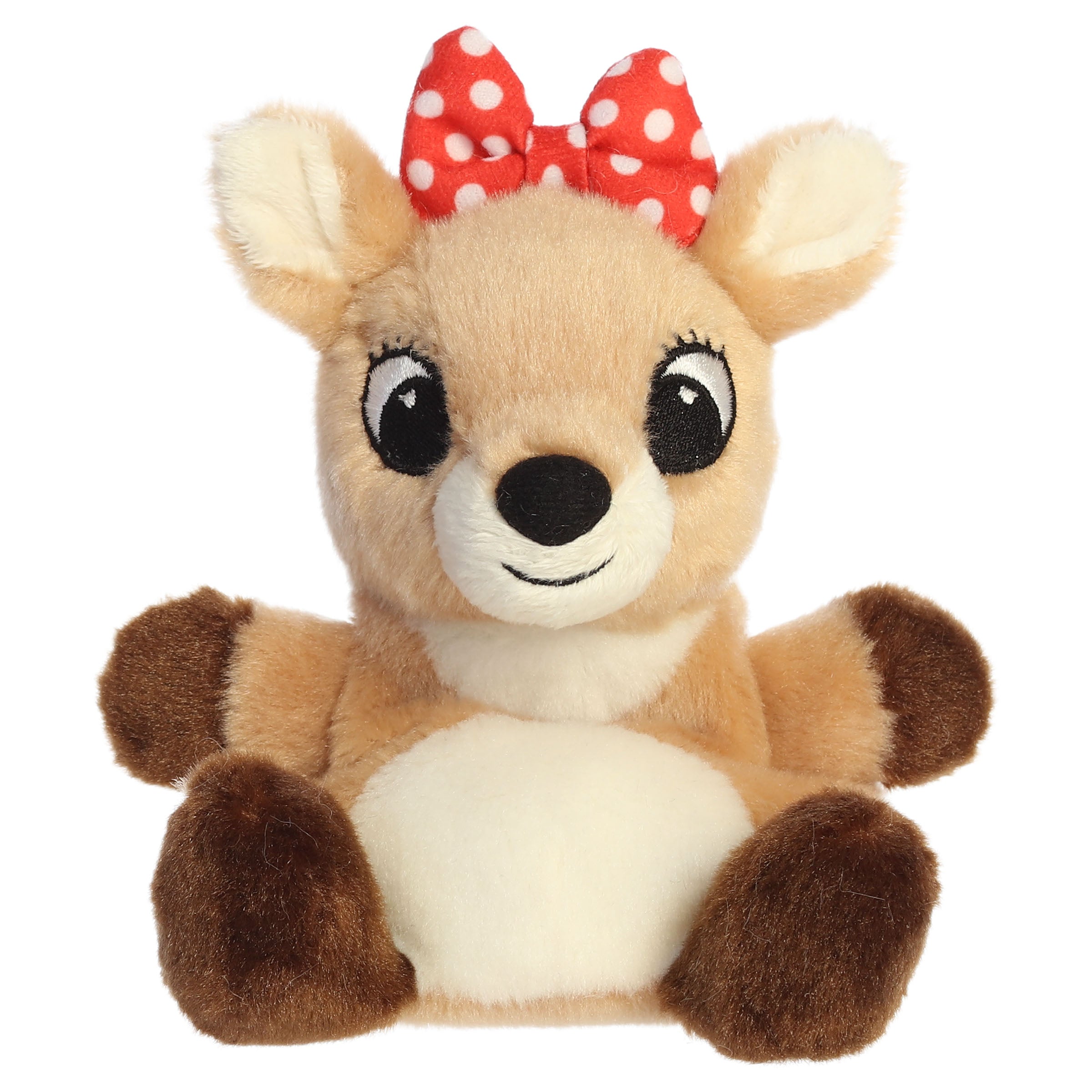 A Clarice Palm Pal plush toy from Aurora with a tan-and-cream body, red bow, tiny antlers, and embroidered features.