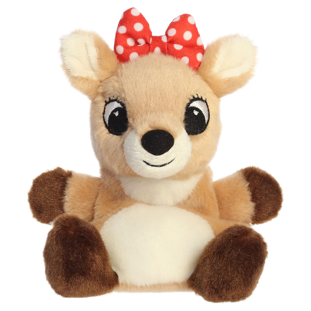 A Clarice Palm Pal plush toy from Aurora with a tan-and-cream body, red bow, tiny antlers, and embroidered features.
