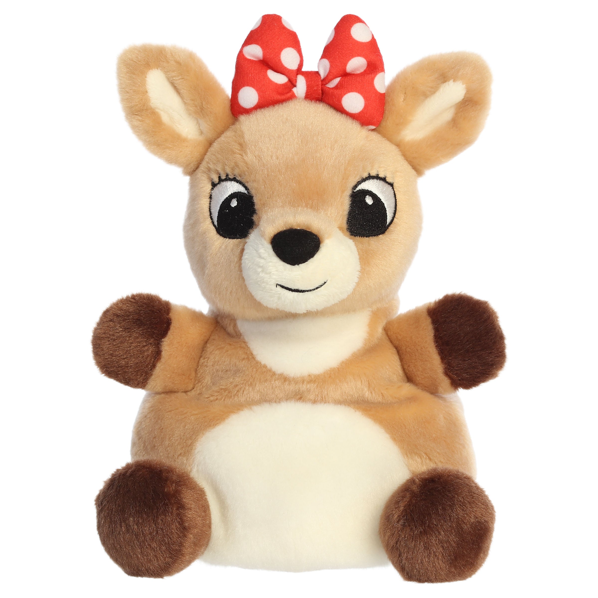 A party-sized Clarice plush toy from Aurora with a tan-and-cream body, red bow, tiny antlers, and embroidered features.