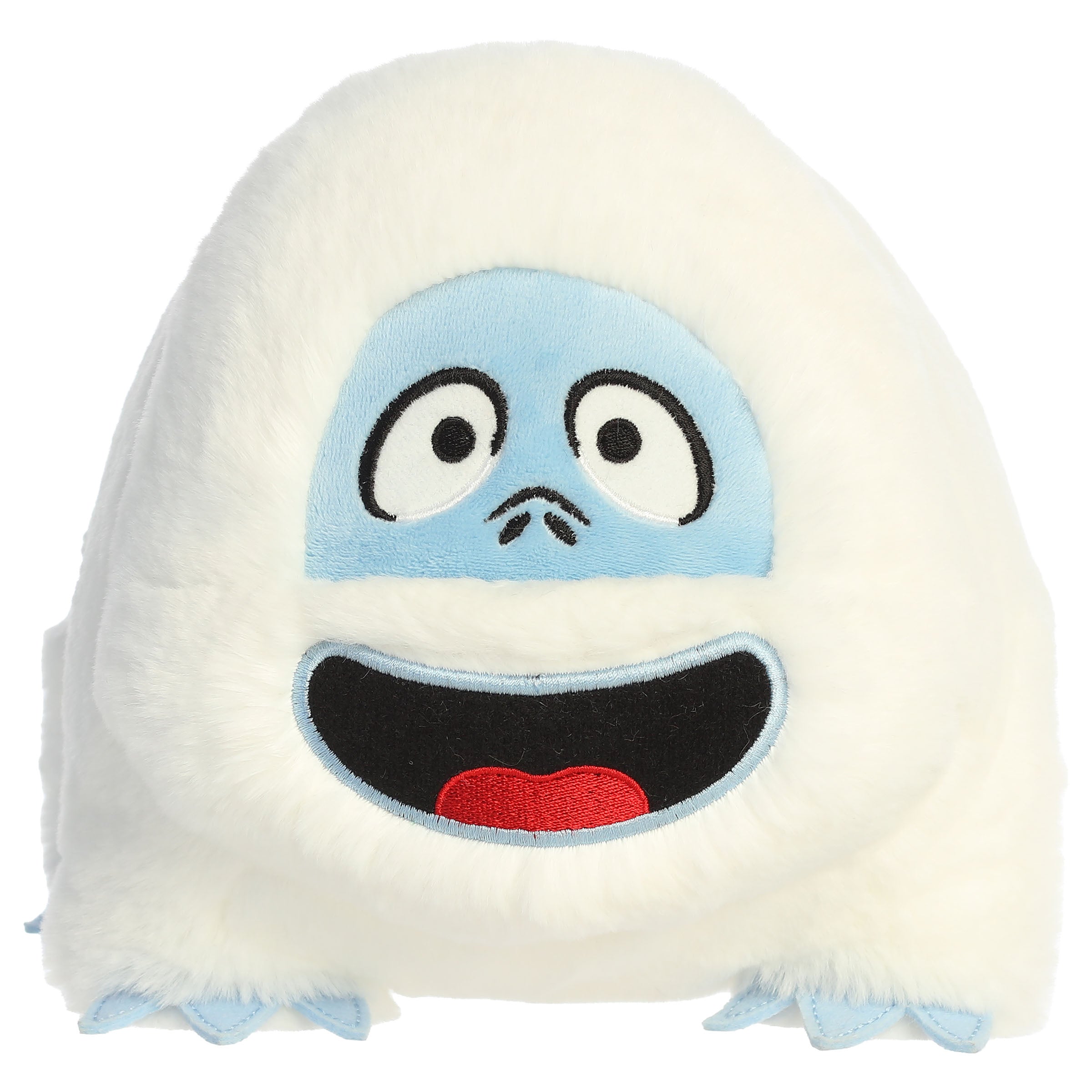 A Bumble Spudster plush toy from Aurora with a round white body, blue face, and cheerful features.