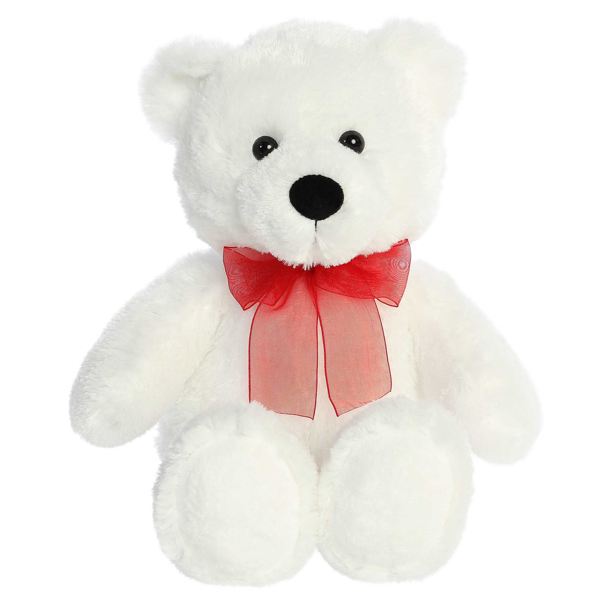 Aurora's White Bear plush, with luxurious white fur and vibrant red bow, ideal for gifts and decor.