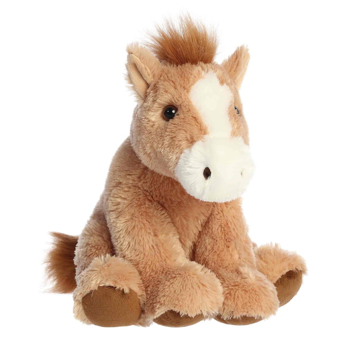 A tan pony plush toy from Aurora with a fluffy mane, white face marking, and floppy legs.