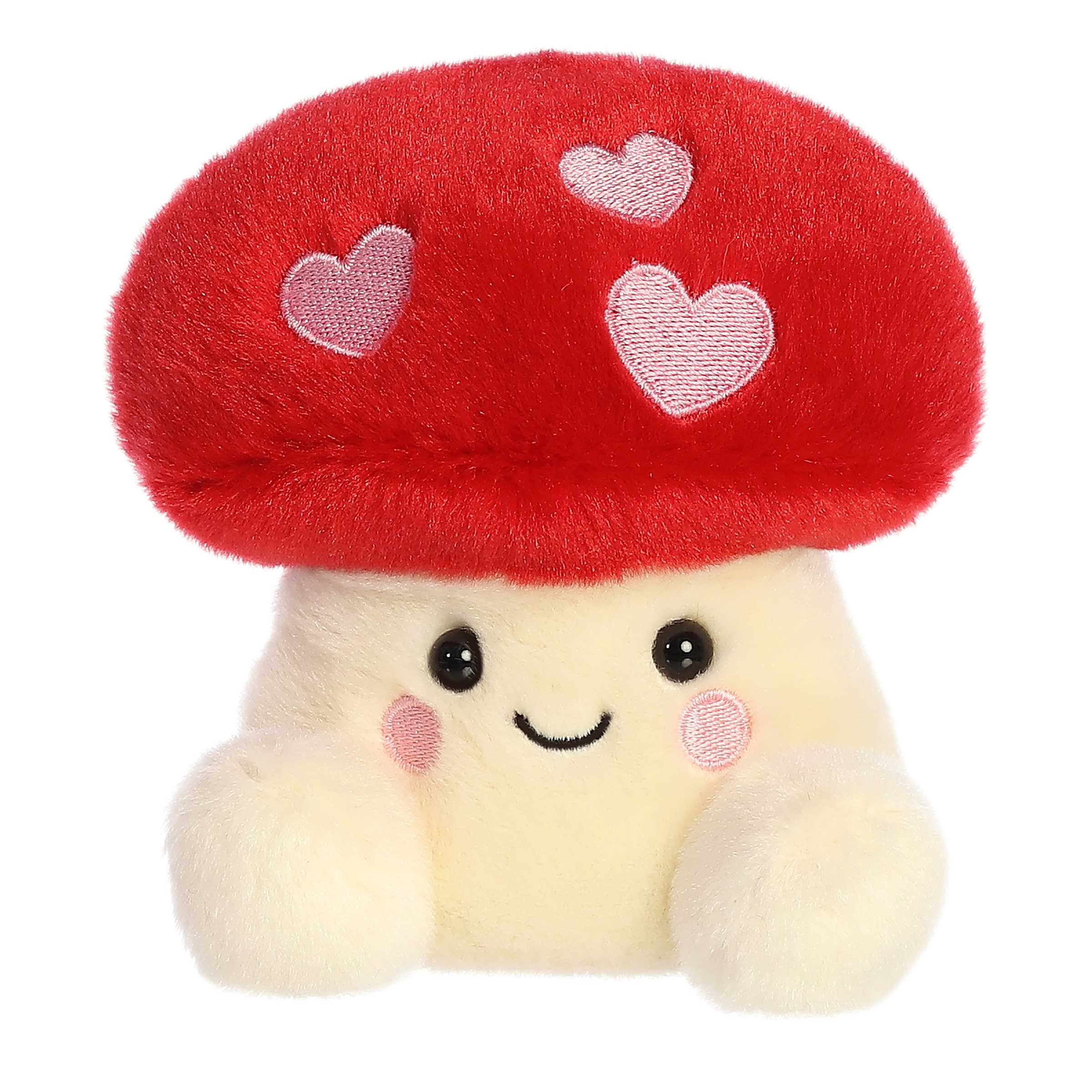 Aislyn Heart Mushroom plush with red cap and pink hearts, perfect for love and hugs.