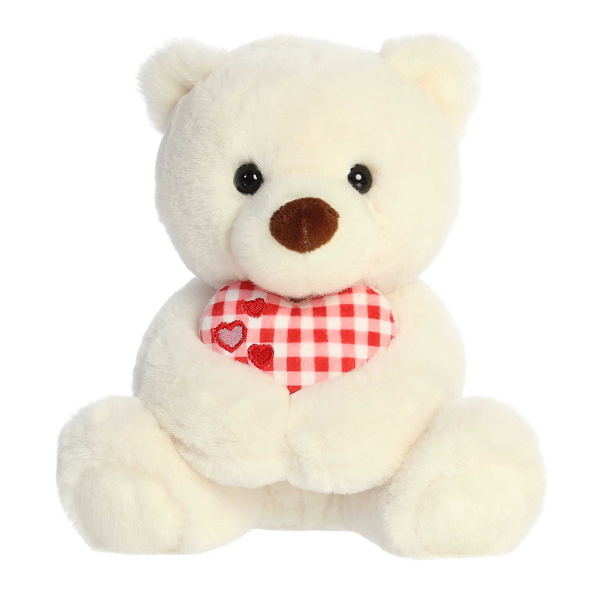 Vanilla plush bear with gentle plaid heart, perfect for giving extra love.