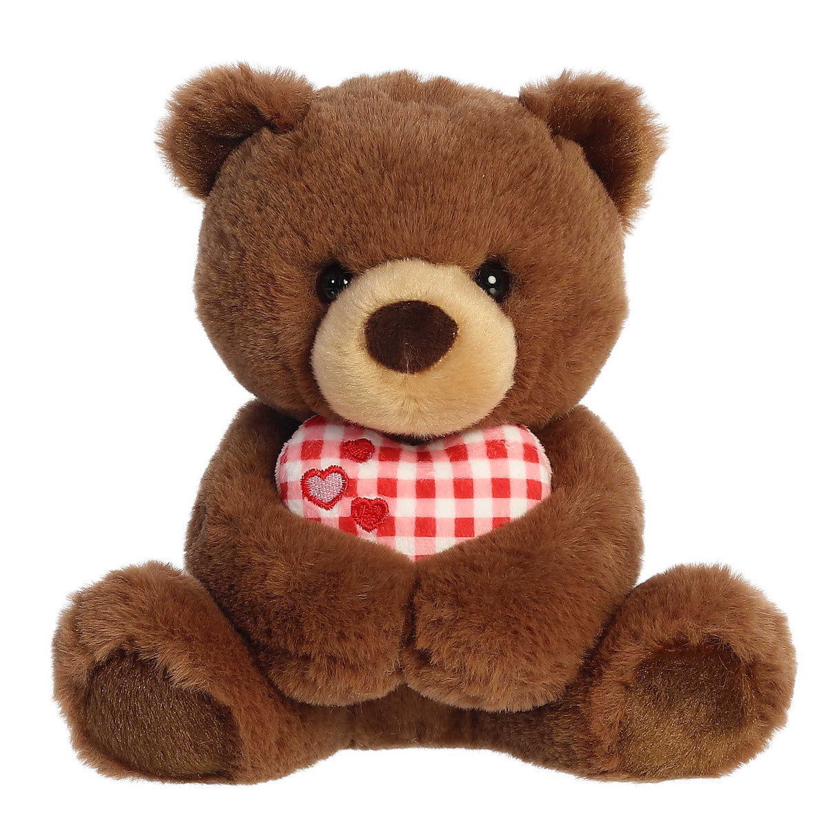 8-inch Chocolate plush bear with gentle plaid heart, ideal for extra love this season.