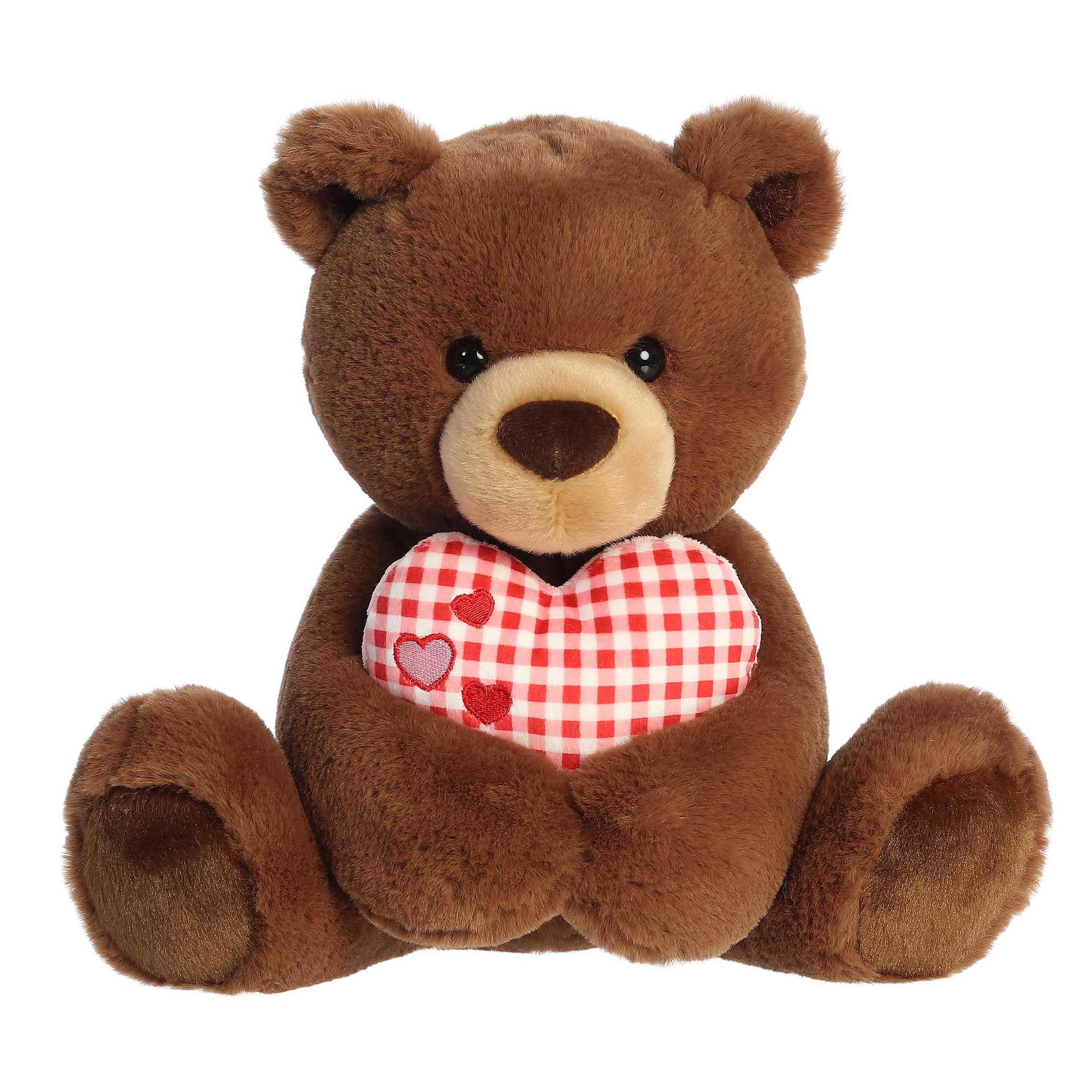 12-inch Chocolate plush bear with gentle plaid heart, perfect for spreading love.