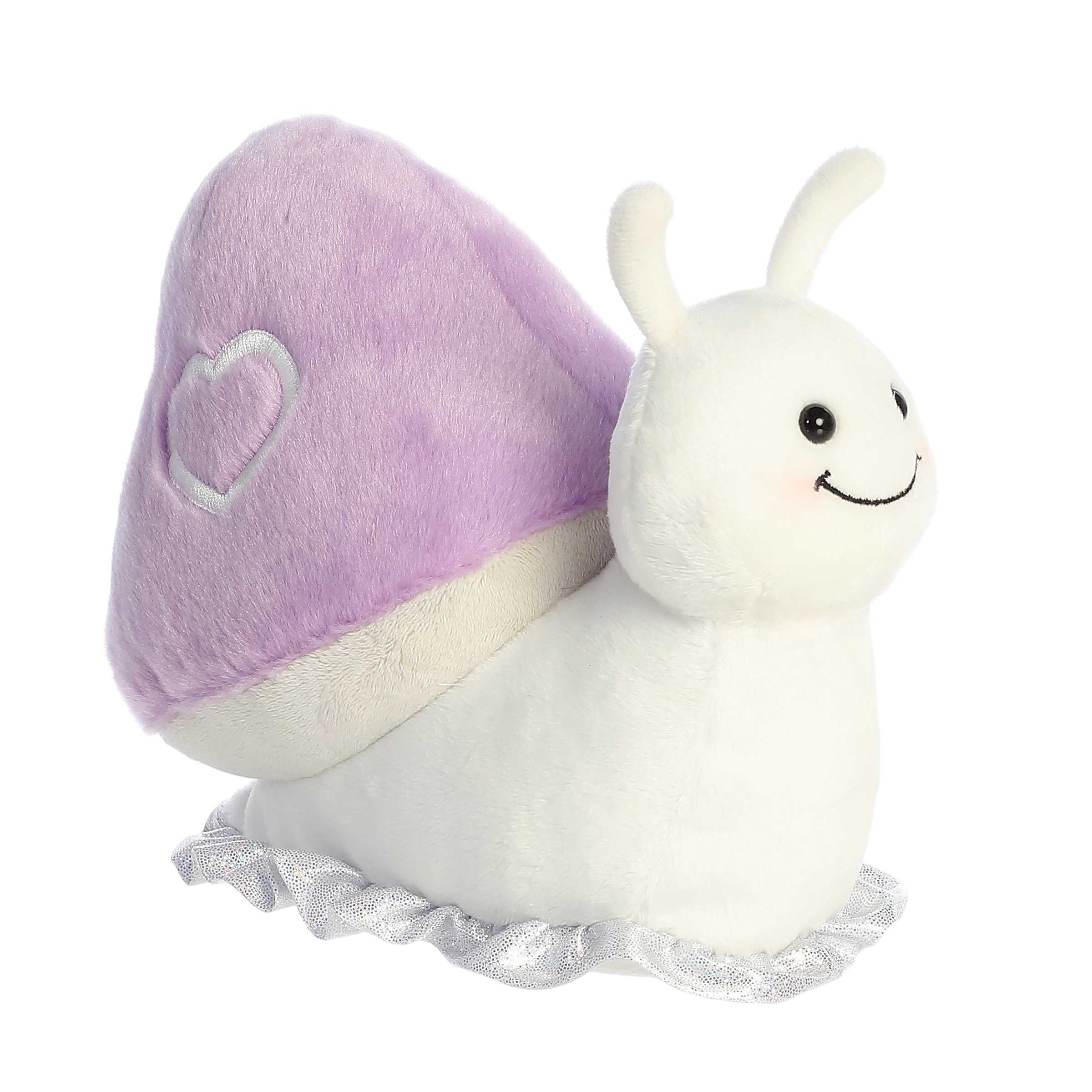 Plush mushroom in purple with a cheerful face and heart-adorned cap, great for Valentine's gifts.