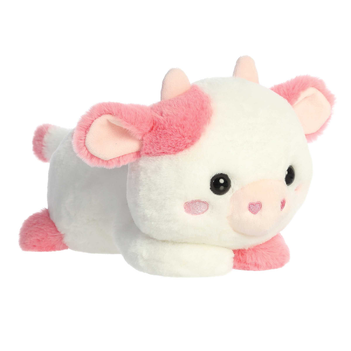 Katelyn Cow plush with white fur and pink accents, ideal for cozy Valentine cuddles.