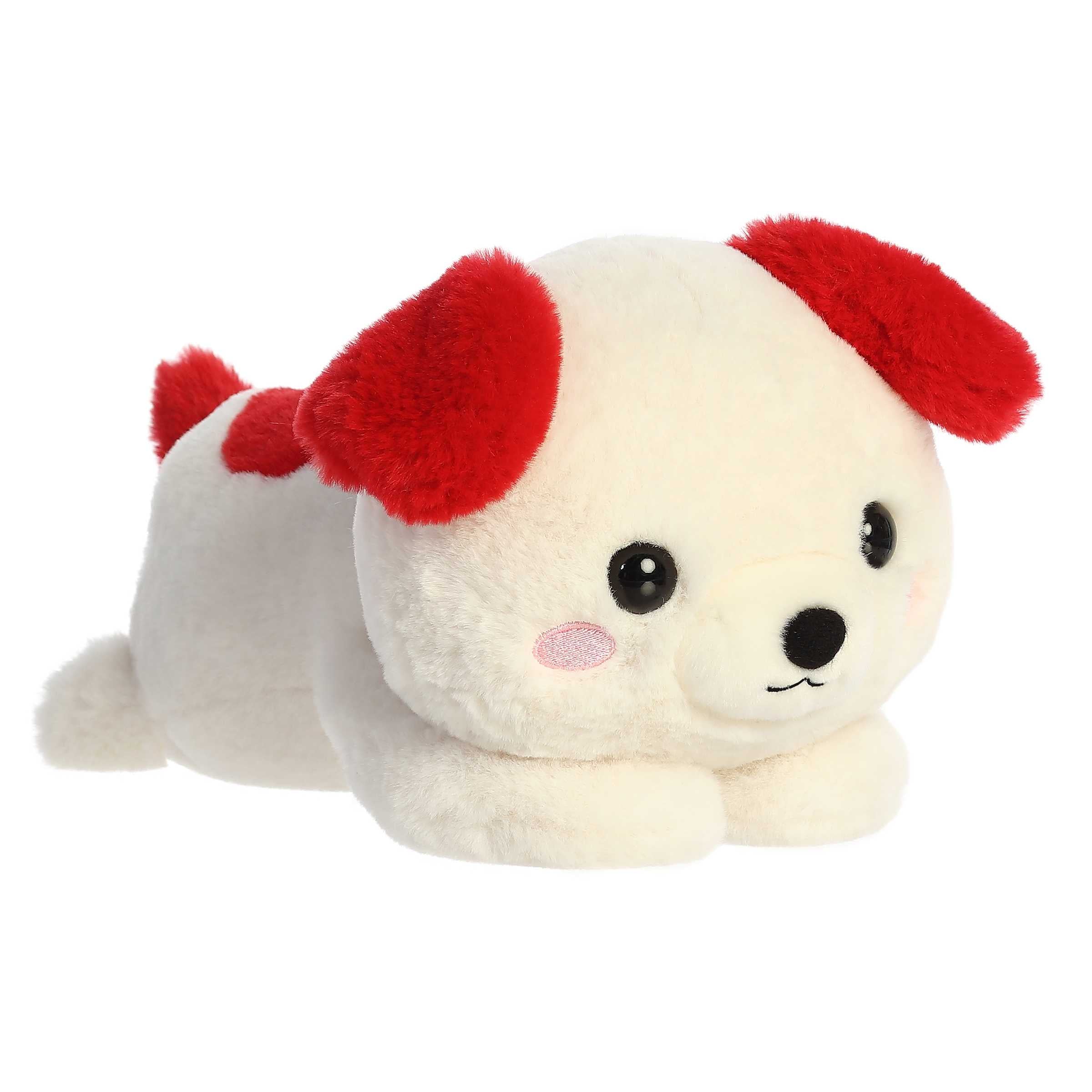 Creamy white Doodle Dog plush with red ears, perfect for loving embraces this Valentine's.