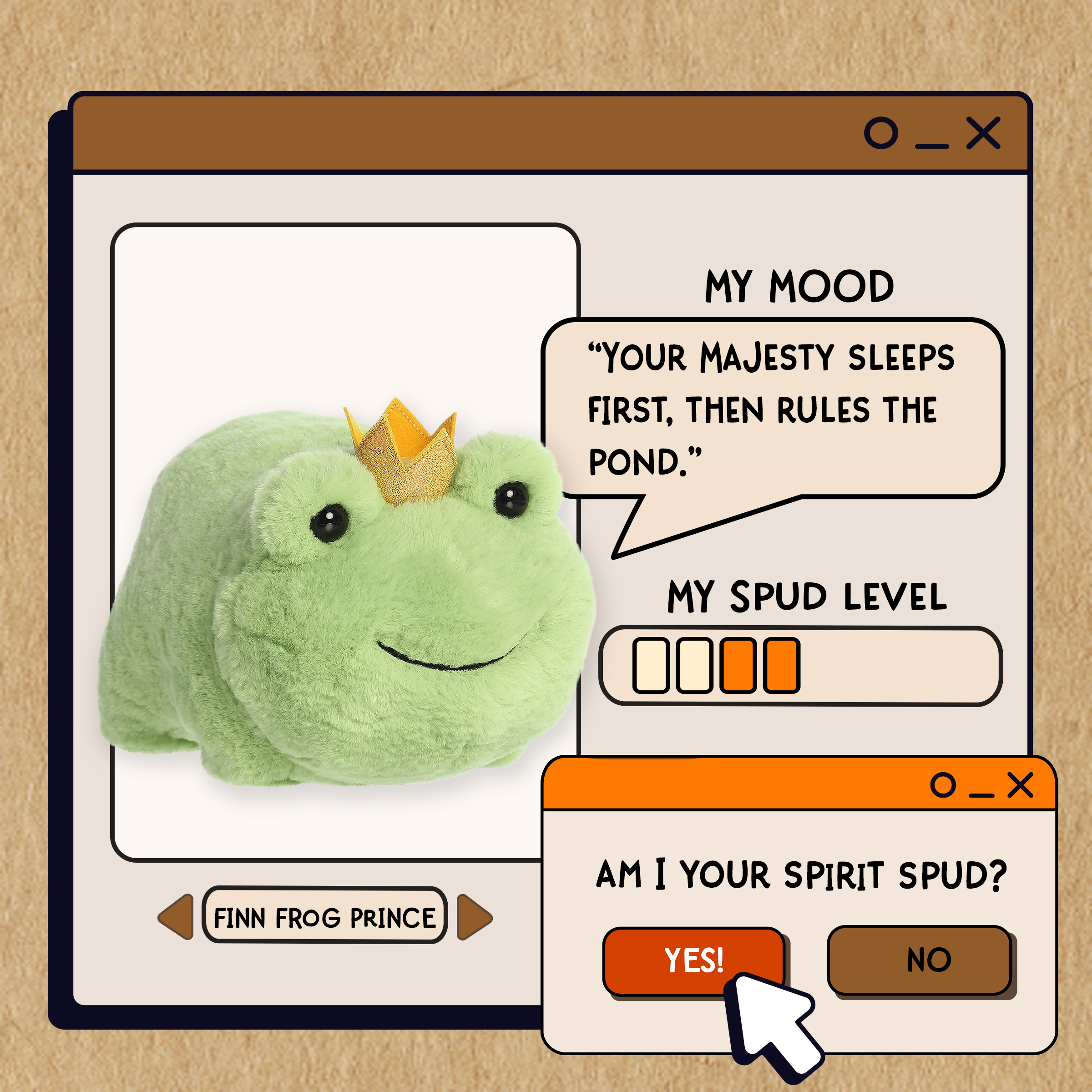 A spudsters product card for the Finn Frog Prince plush by Aurora