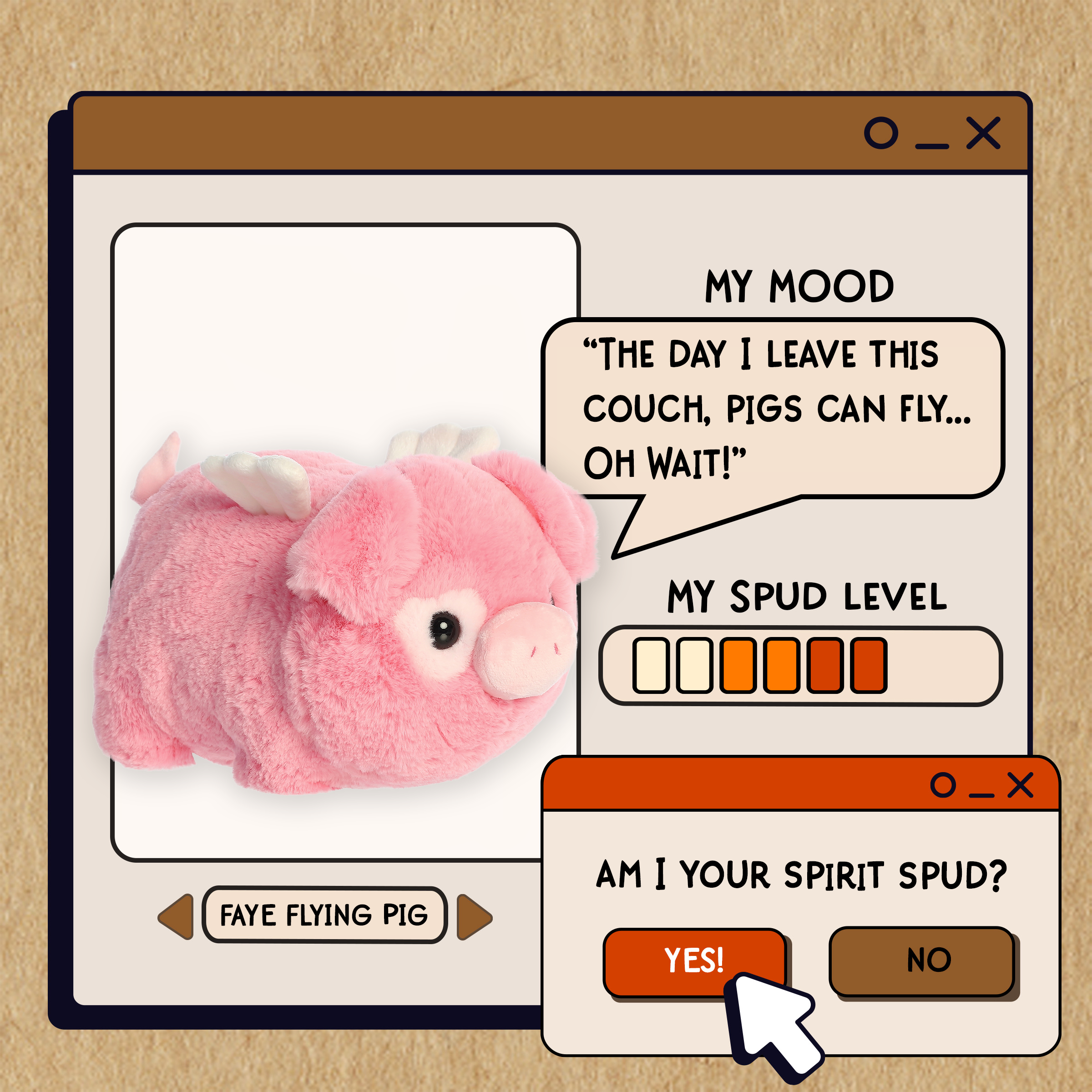 A spudsters product card for the Faye Flying Pig plush by Aurora