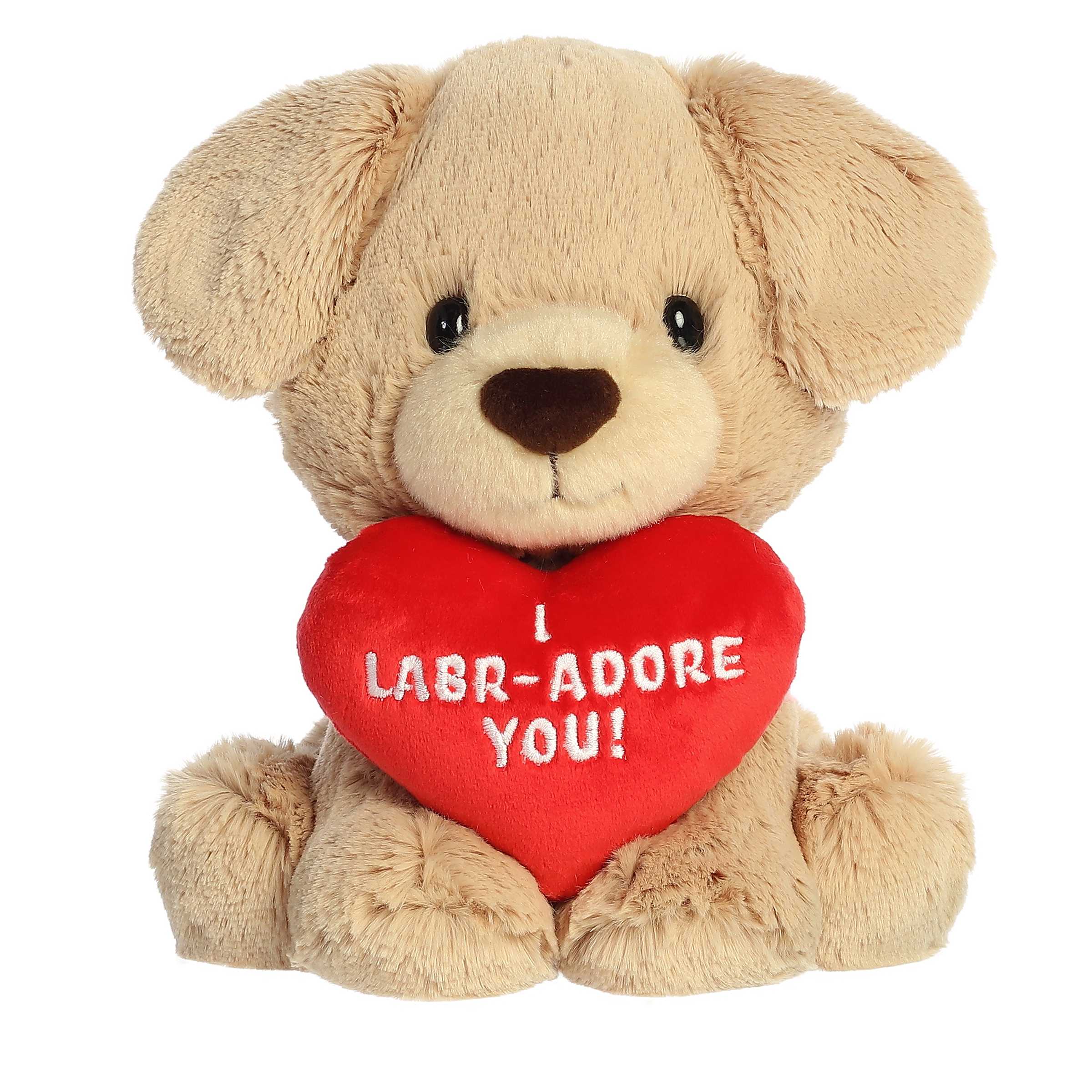 Labrador plush holding a heart with 'I LABR-ADORE YOU', perfect for playful Valentine's gifting.