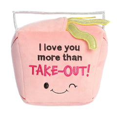 Pink plush takeout box with 'I love you more than TAKE-OUT!', ideal for unique Valentine's gifting