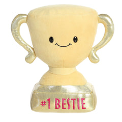 Golden plush trophy with '#1 BESTIE' embroidery, perfect for Galentine's Day friendship