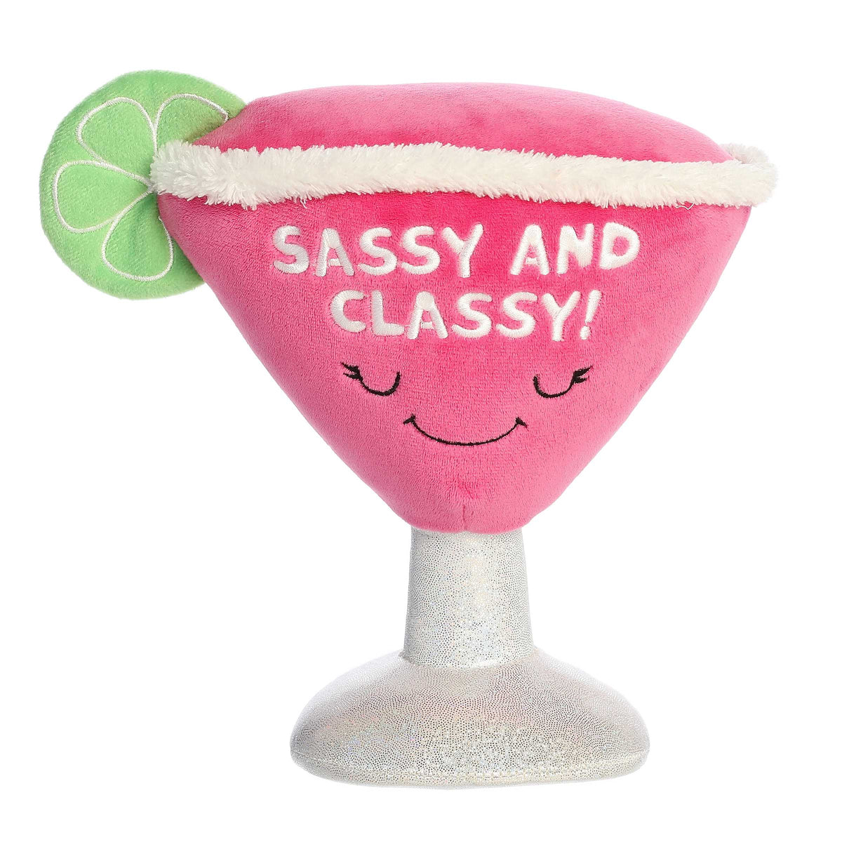 Pink cocktail plush with 'Sassy and Classy!' message, ideal for Galentine's Day fun and gifts.