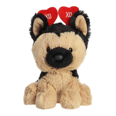 German Shepherd plush with 'XO XO' heart ears, a snuggable symbol of love and devotion.