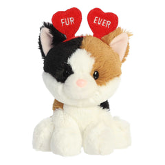 Calico cat plush with heart-shaped ears, a luxurious and affectionate Valentine's gift.