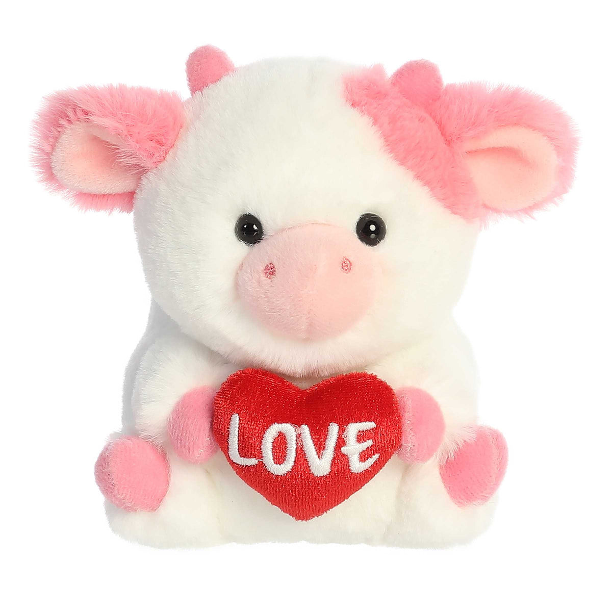 Plush cow with white fur, pink details, and 'LOVE' heart, ideal for Valentine’s gifting