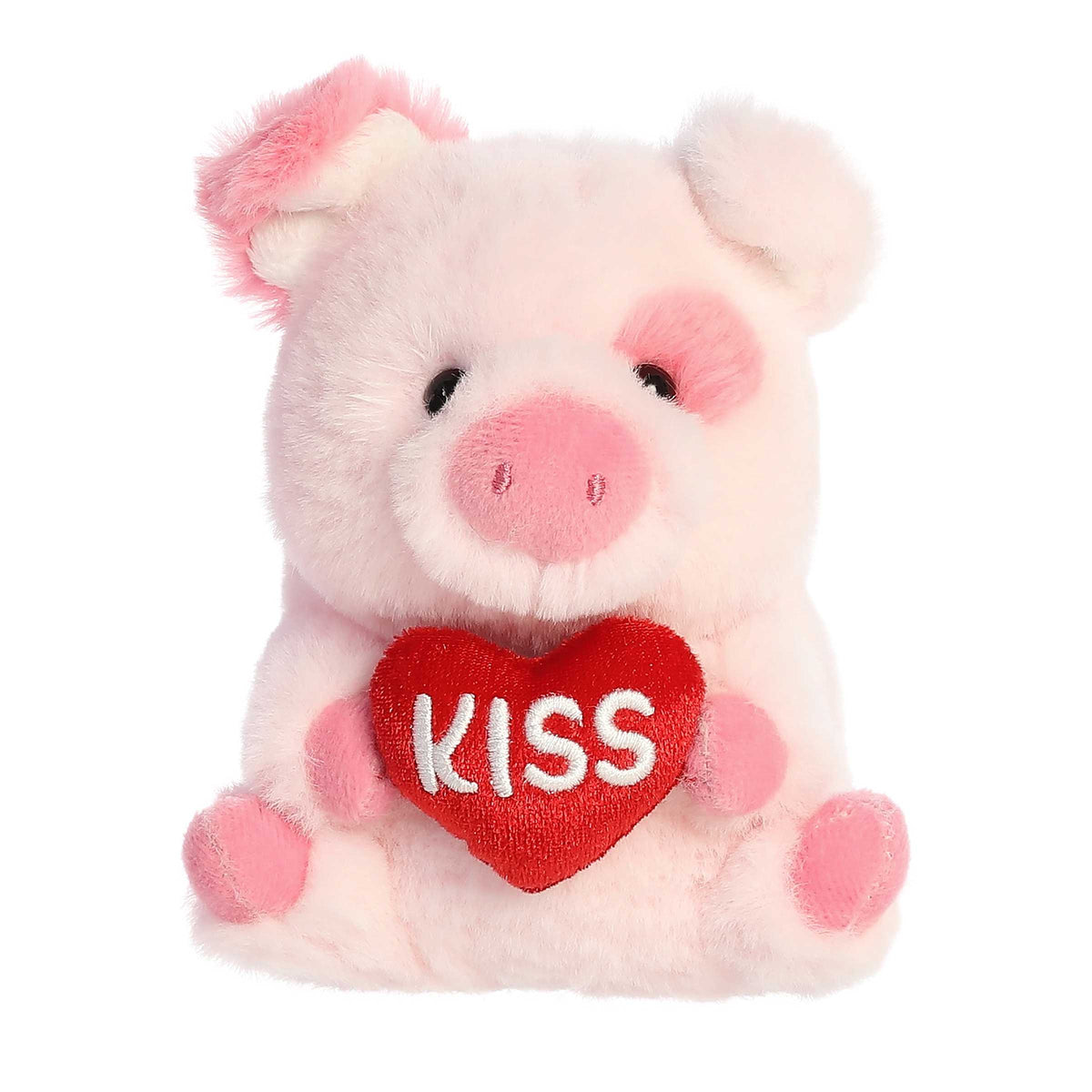 Bright pink Kiss Pig plush holding a 'KISS' heart, ideal for romantic Valentine's adventures.