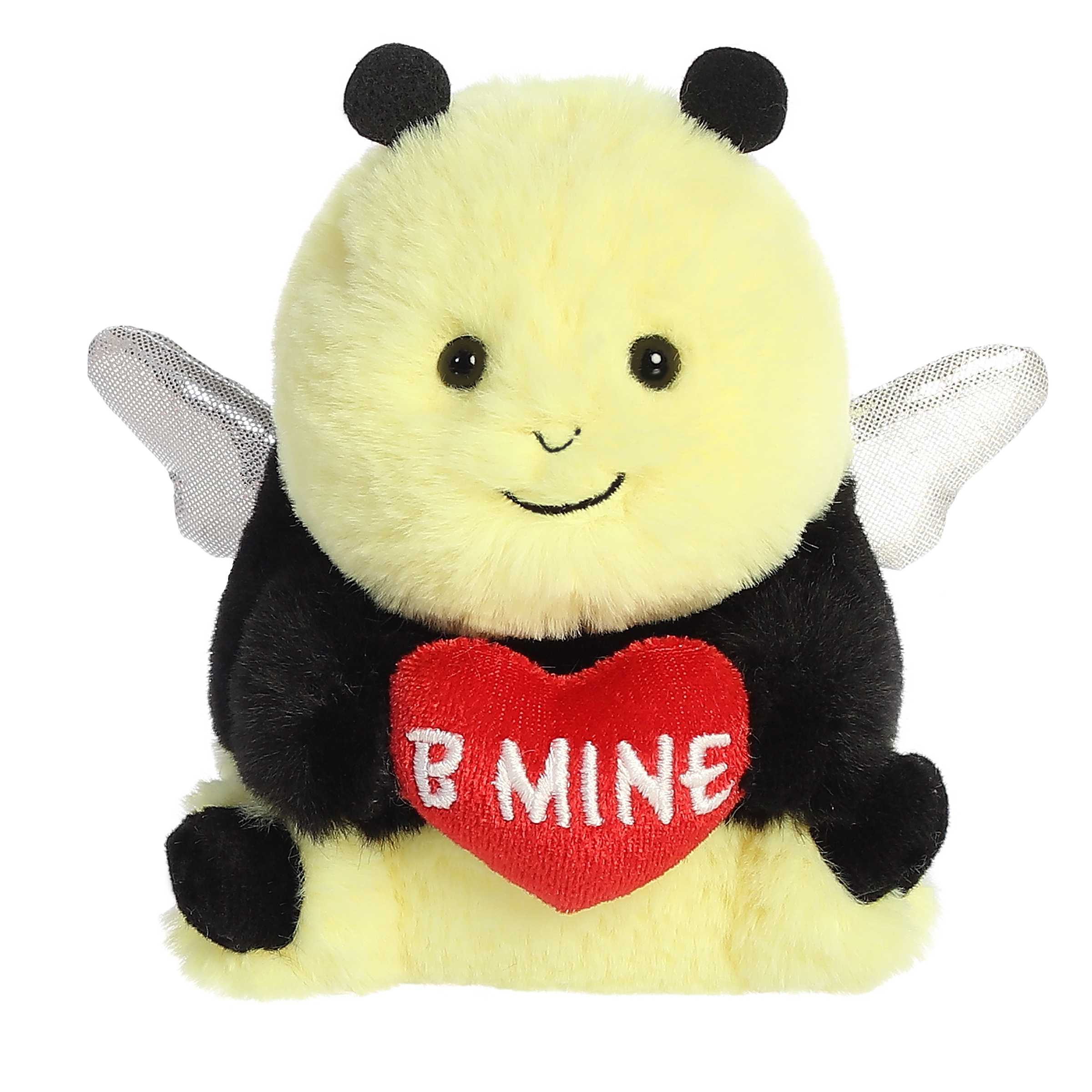 Yellow and black B Mine Bee plush with a 'B MINE' heart, ideal for spreading love