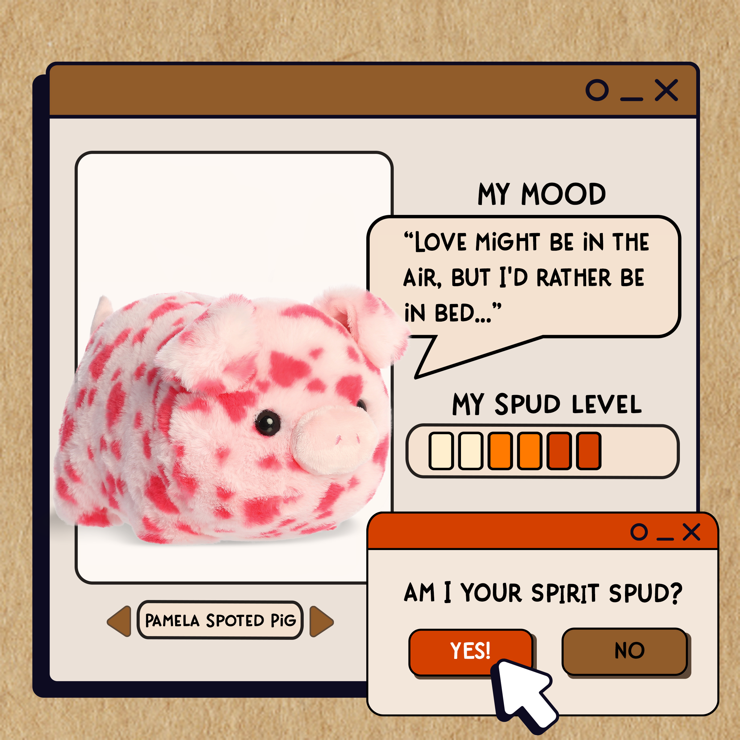 A spudsters product card for the Pamela Spotted Pig plush by Aurora