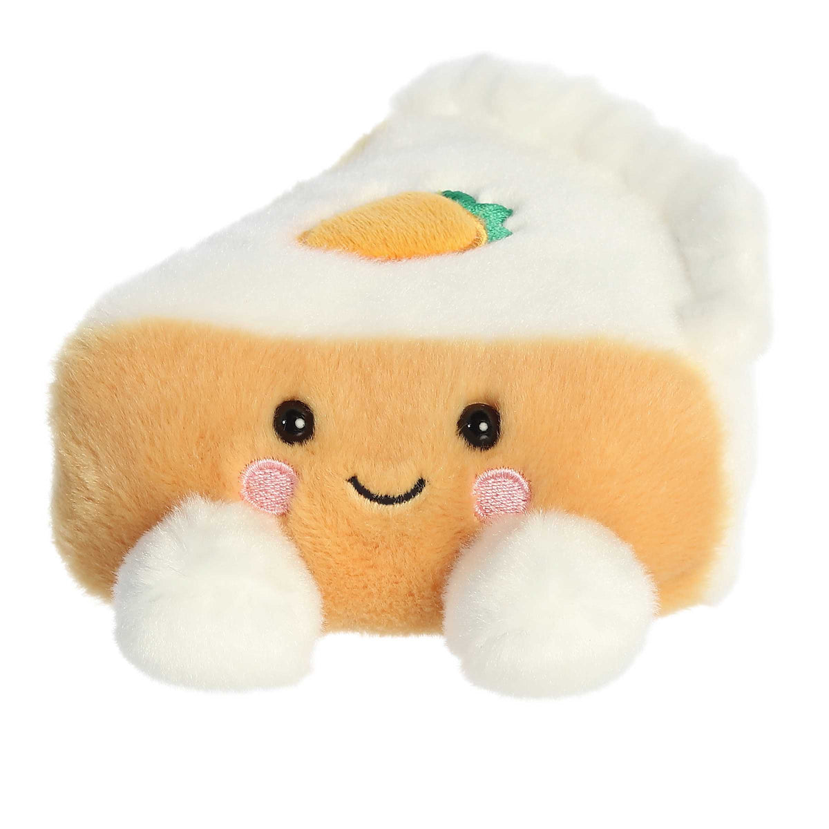 Plush toy of a smiling carrot cake slice with a cute carrot topper, fits in the palm of your hand!