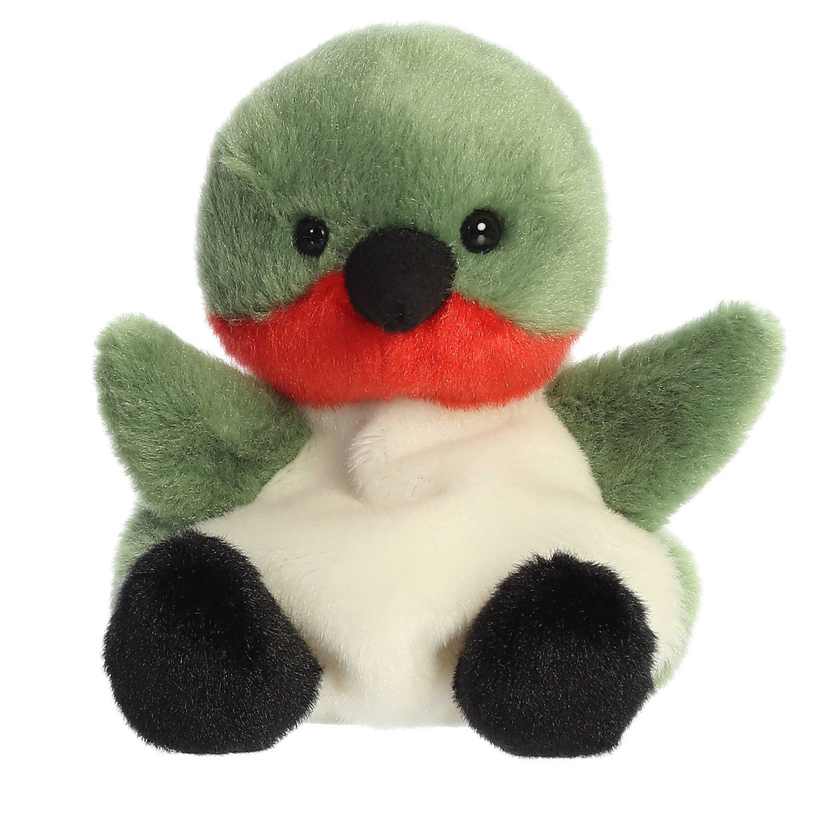 Plush of a green and white hummingbird with a red beak, exuding charm, fits in your palm!