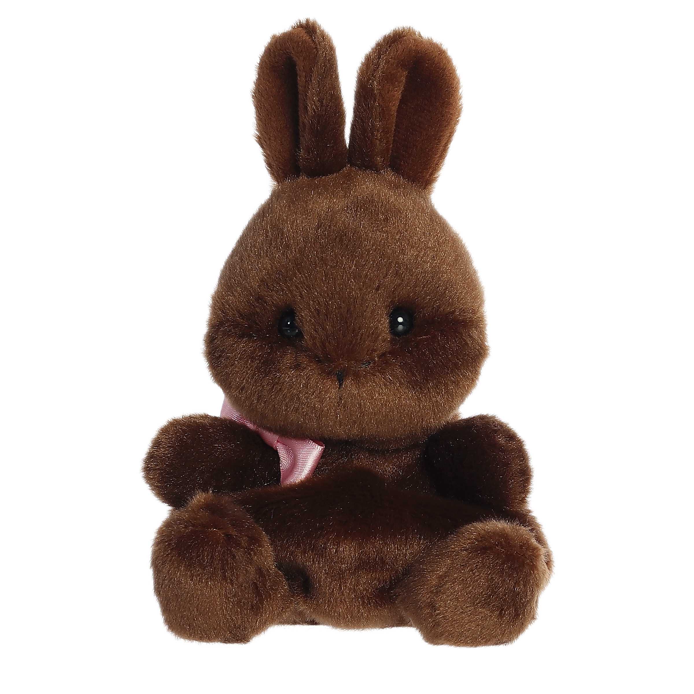 Plush toy of a chocolate-brown bunny with bright eyes and a sweet smile, fits in the palm of your hand!