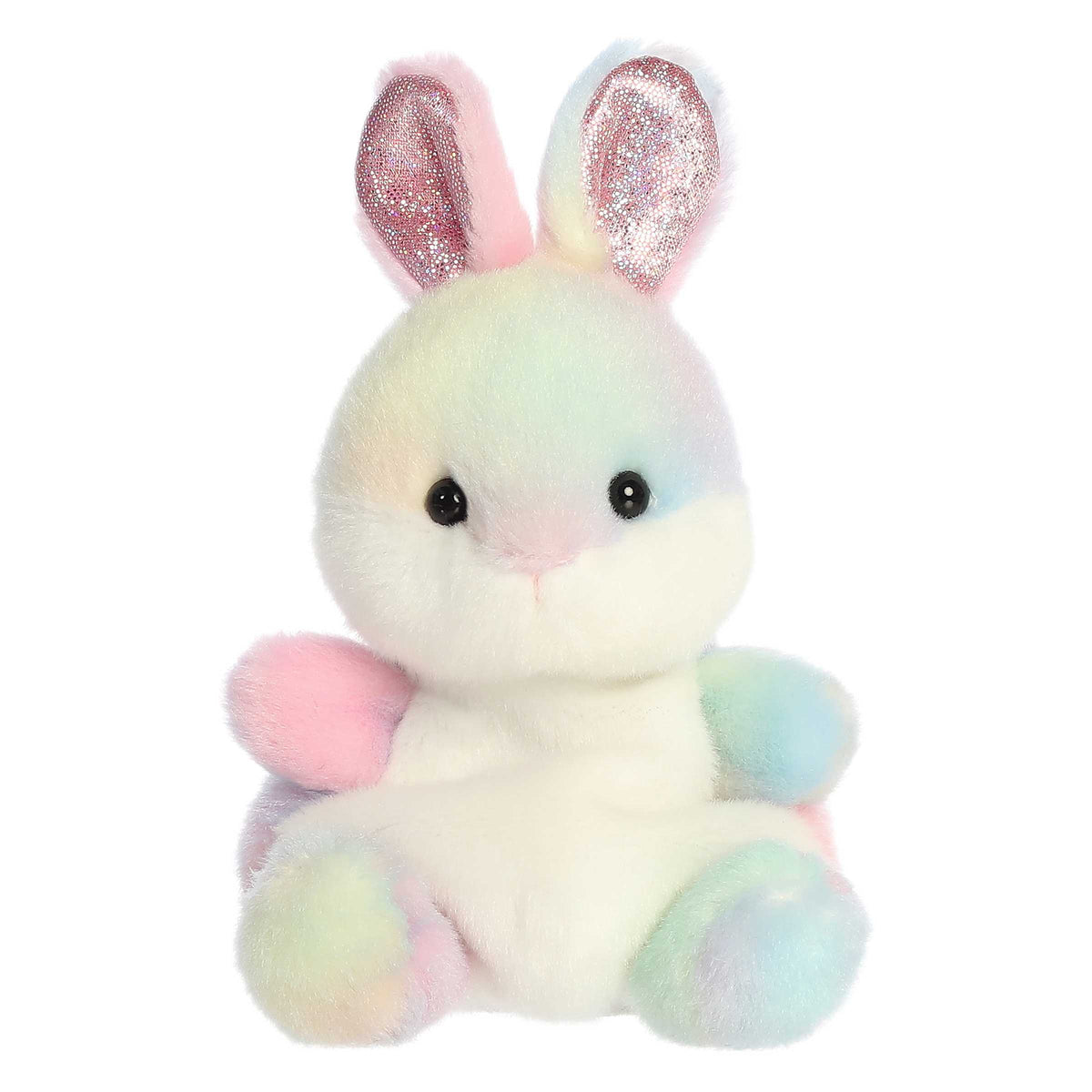 Pastel-colored plush bunny with pink ears and a gentle smile, radiating joy, fits in the palm of your hand