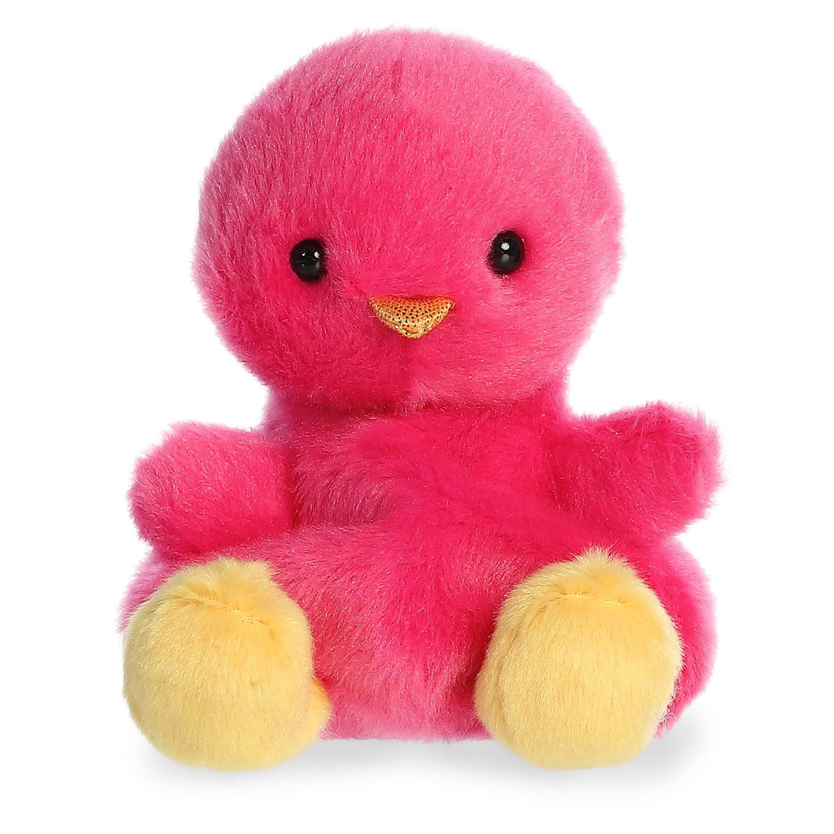 Bright pink plush chick with yellow feet and a sweet, friendly face, fits in the palm of your hand!