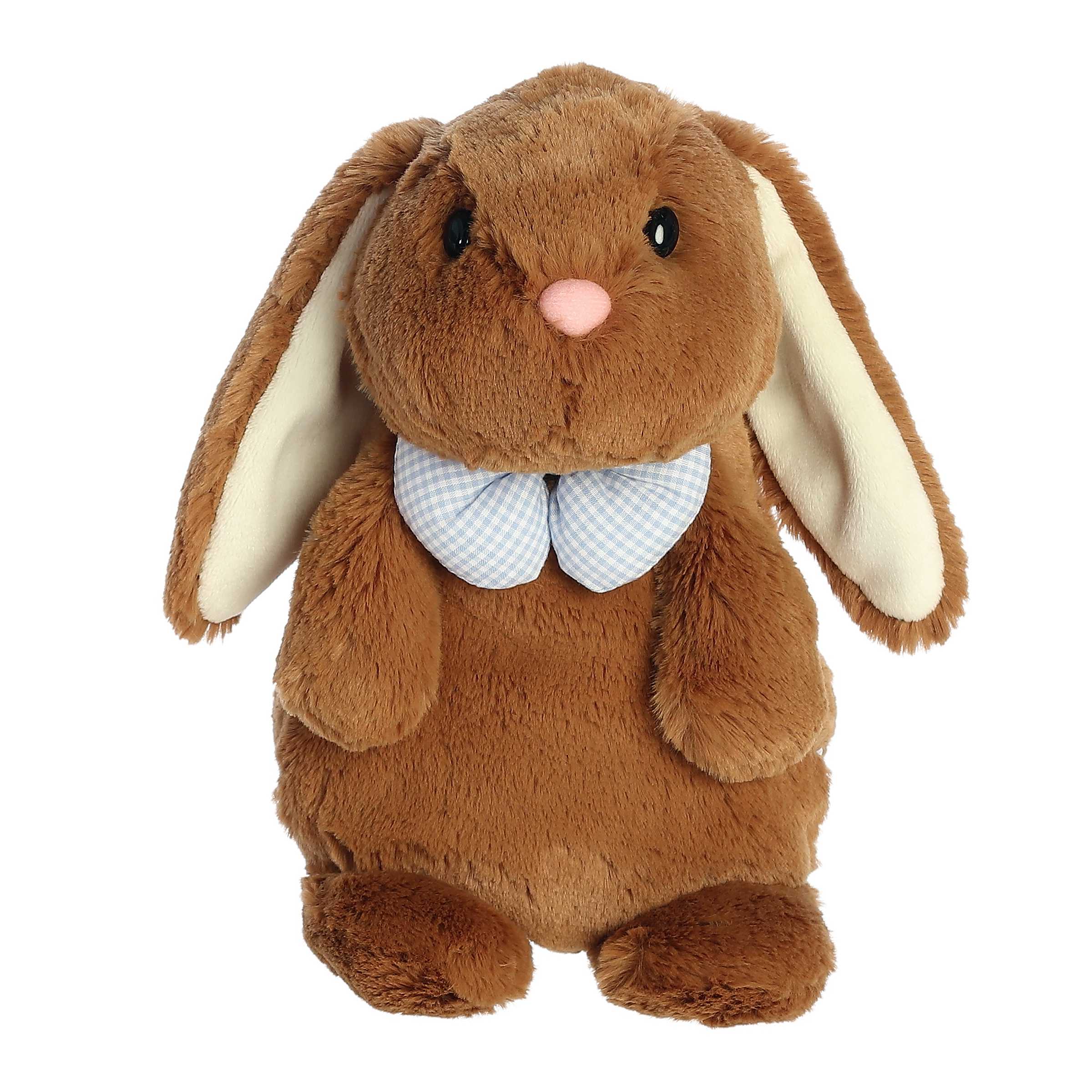 Button Bunny plush from Daisy-Do's by Aurora, featuring soft brown fur and a blue bow, great for Easter