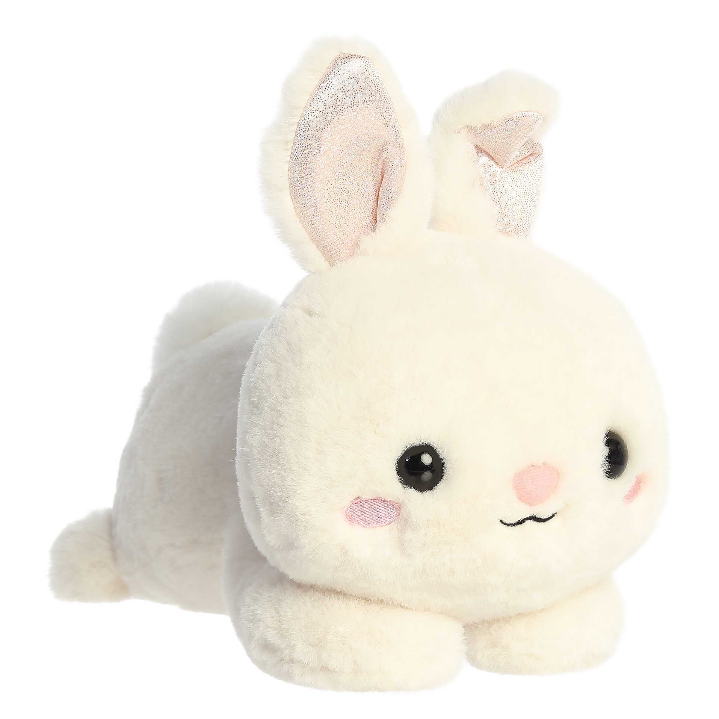 Jasmine Bunny from the Too Cute collection, a plush bunny lying belly down with wide eyes and a gentle smile