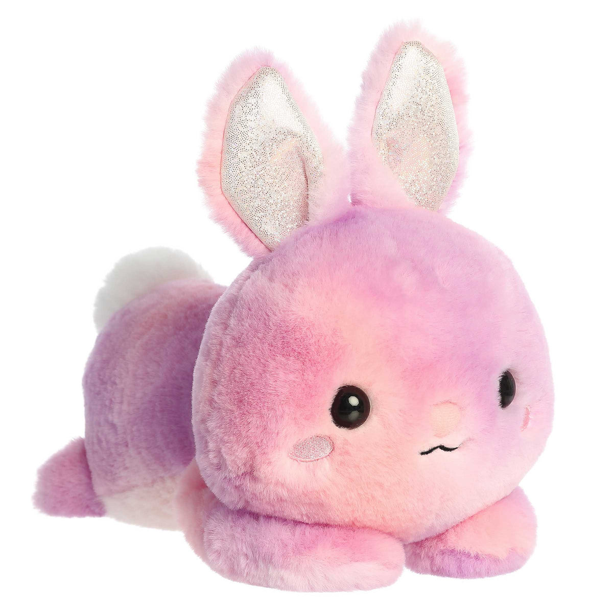 Bunny plush from the Too Cute collection, a plush bunny in vibrant purple, lying belly down with arms sprawled out