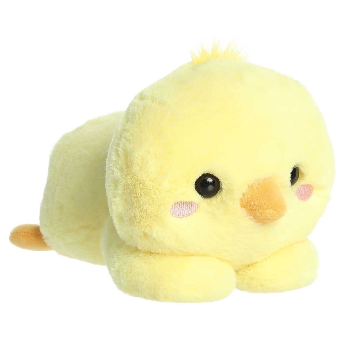 Daffodil Chick from the Too Cute collection, a fluffy yellow chick plush lying belly down with arms sprawled out