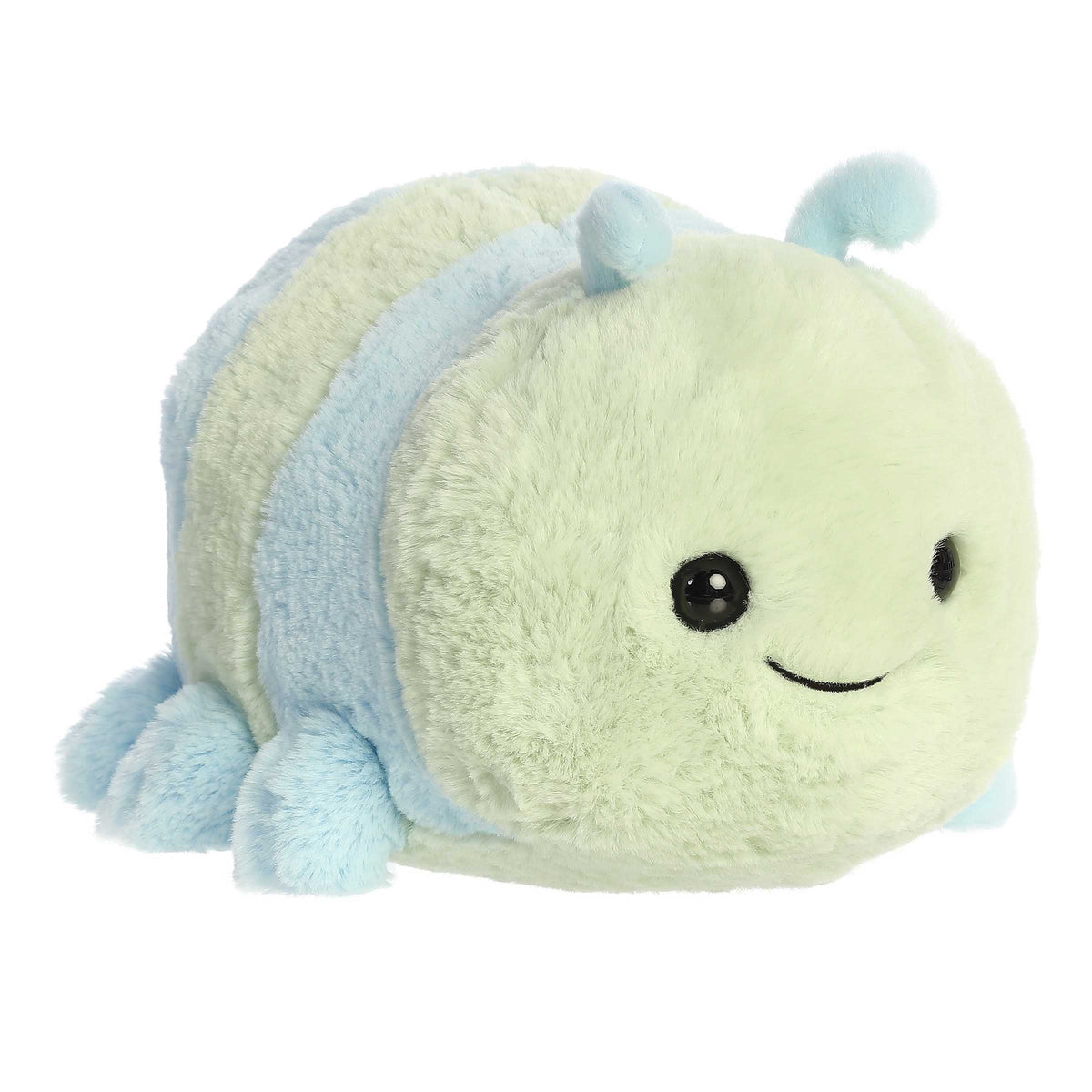 A fluffy colorful Caterpillar plush from the Spudsters collection, a green caterpillar-shaped potato plush with blue accents