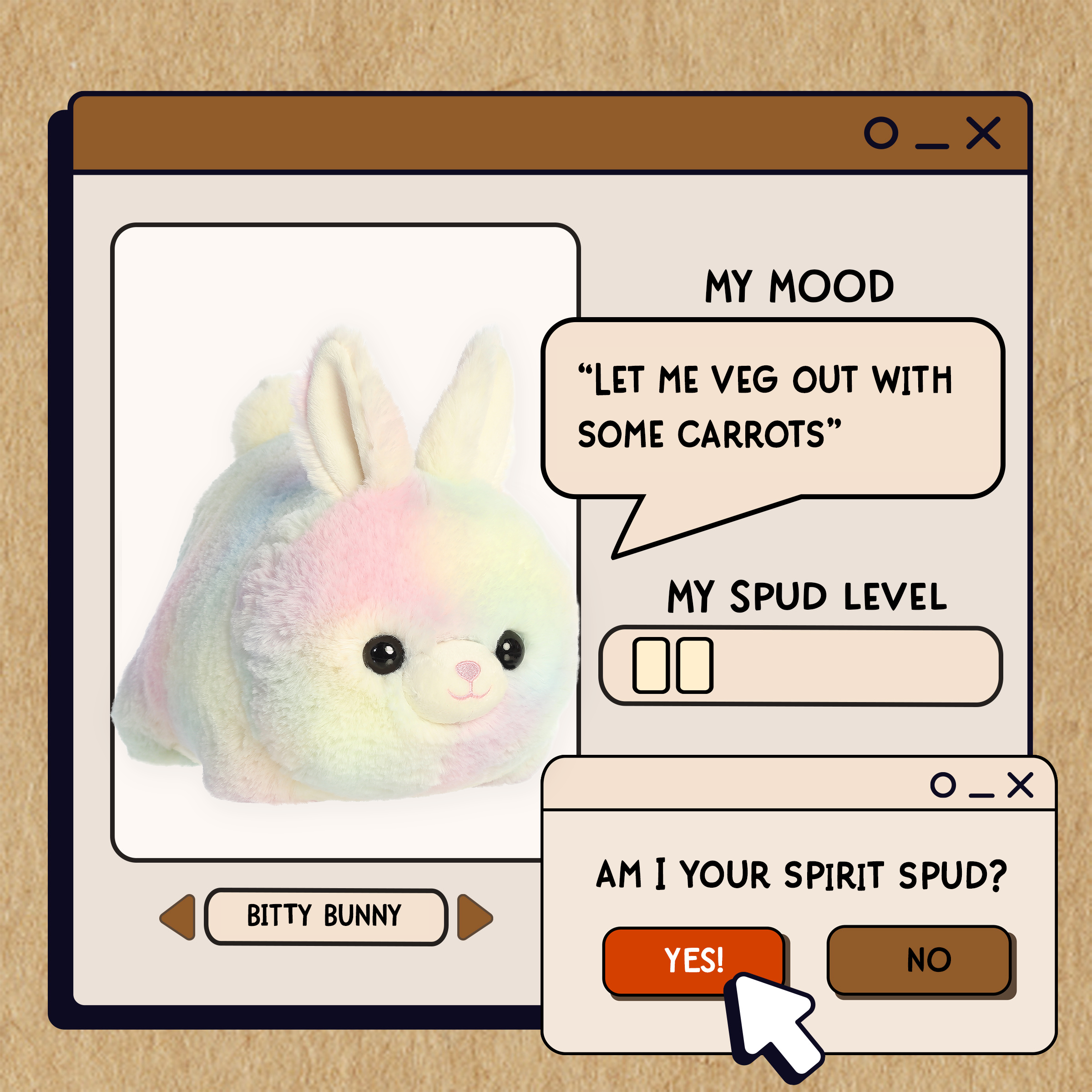 A spudsters product card for the Bitty Bunny plush by Aurora