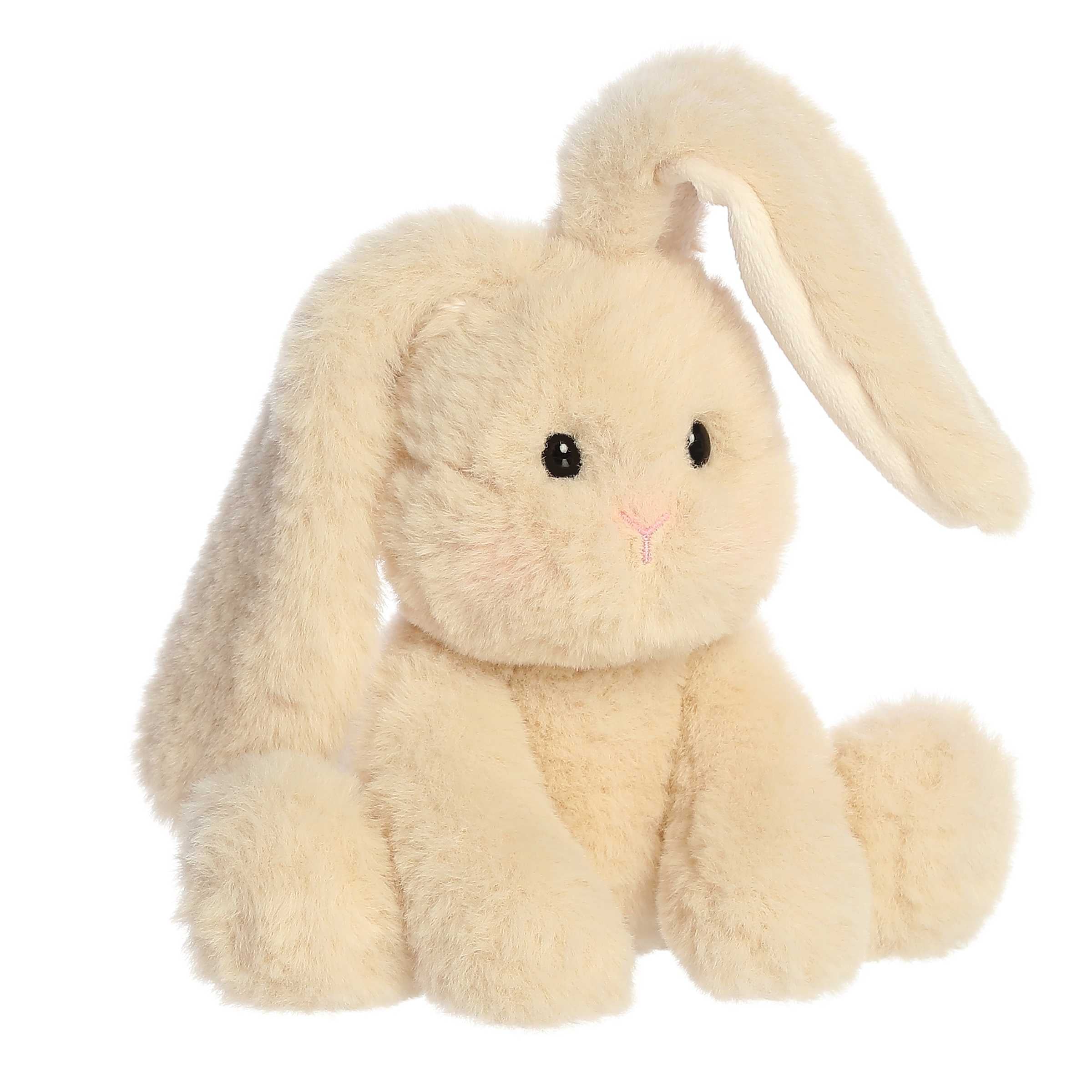 A plush bunny with a chocolate brown colored coat of fur with one ear up and one ear down