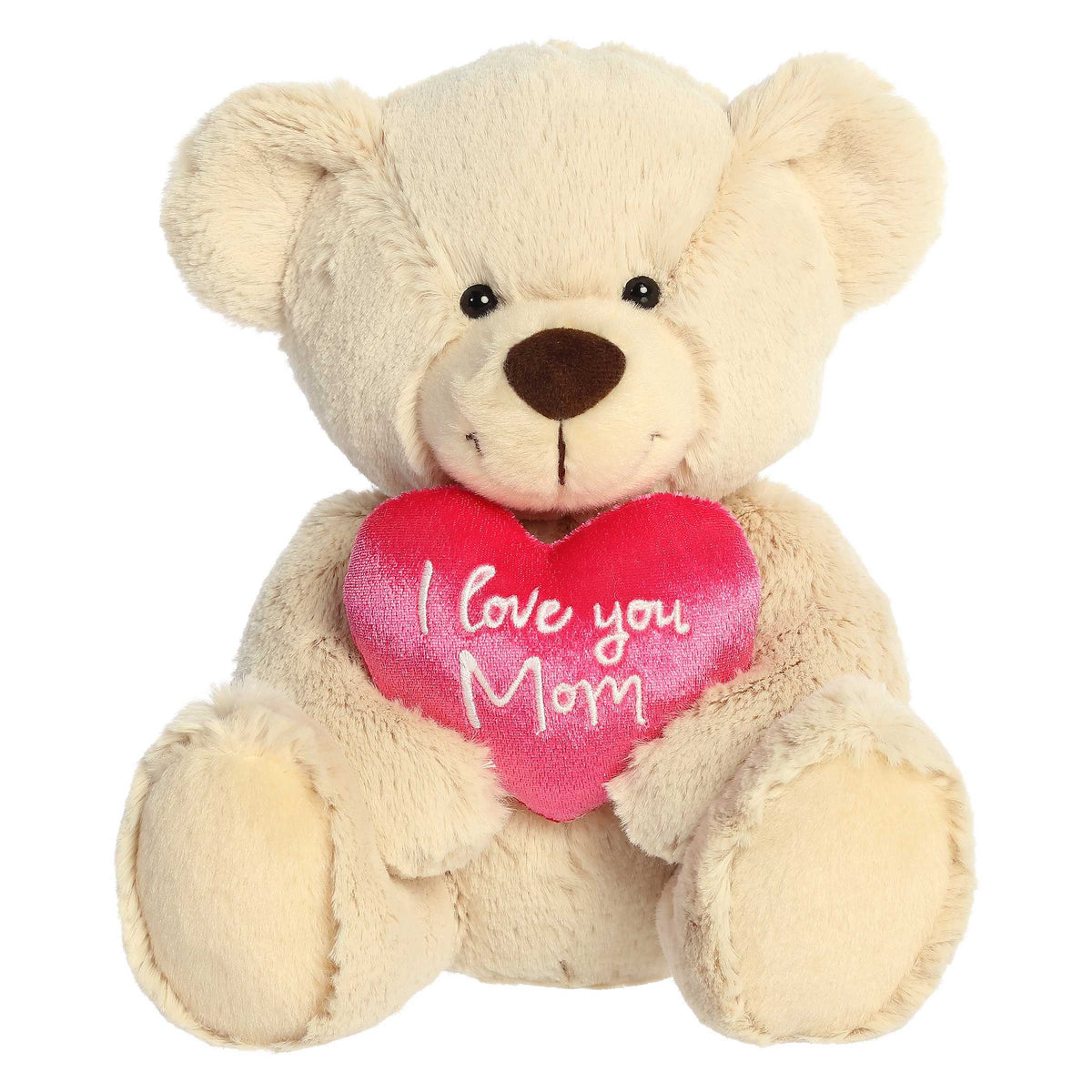 Love You Mom Bear from the Mother's Day Collection, a plush teddy bear holding a pink heart with 'Love You Mom' written on it