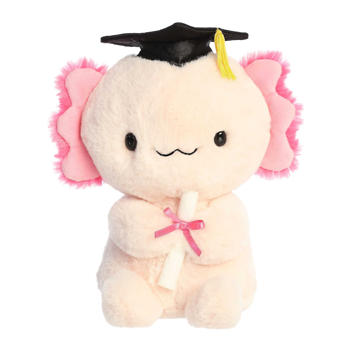 Excel Axolotl plush from Aurora's Graduation Collection, a plush axolotl wearing a graduation cap and holding a diploma