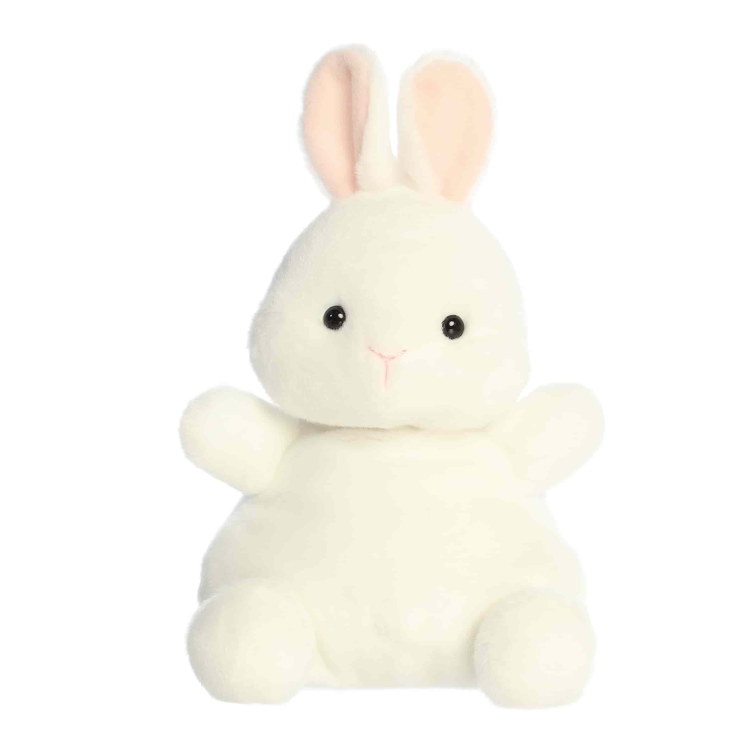 Large cottontail bunny plush with rounded Palm Pal shape, soft fluffy fabric, and sweet smiling face