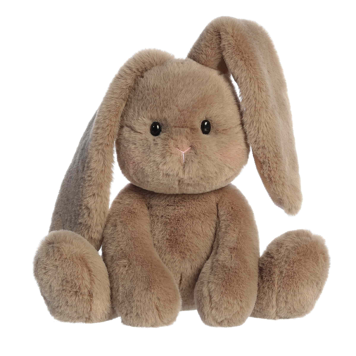 A brown bunny plush with fluffy fur, long droopy ears, soft rounded body, and gentle facial features