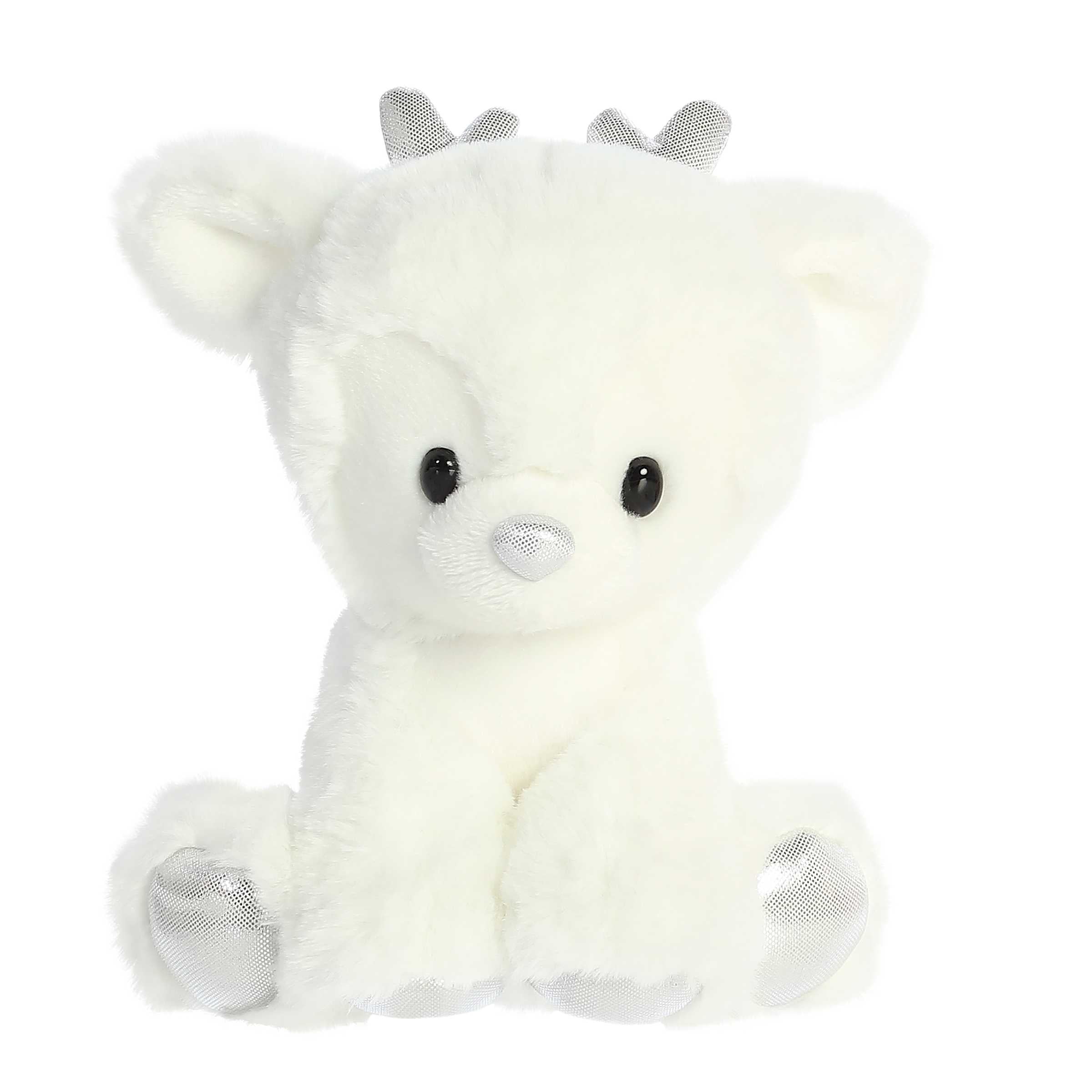 Adorable white reindeer plush toy in a sitting position and silver accents on the tiny horns and feet pads