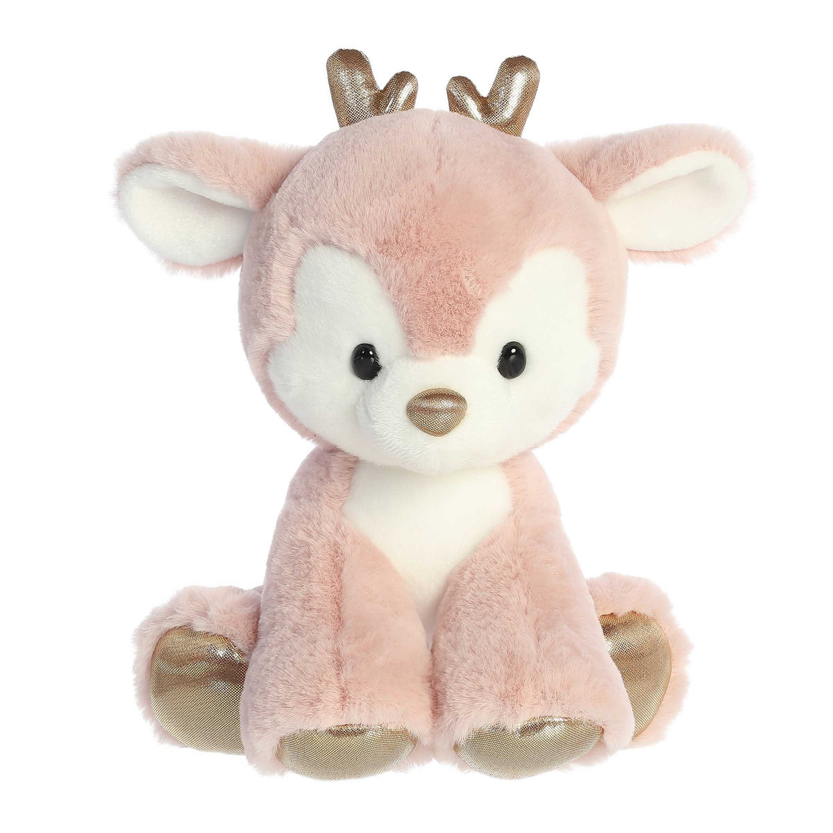 Adorable pink reindeer plush toy in a sitting position and gold accents on the tiny horns and feet pads