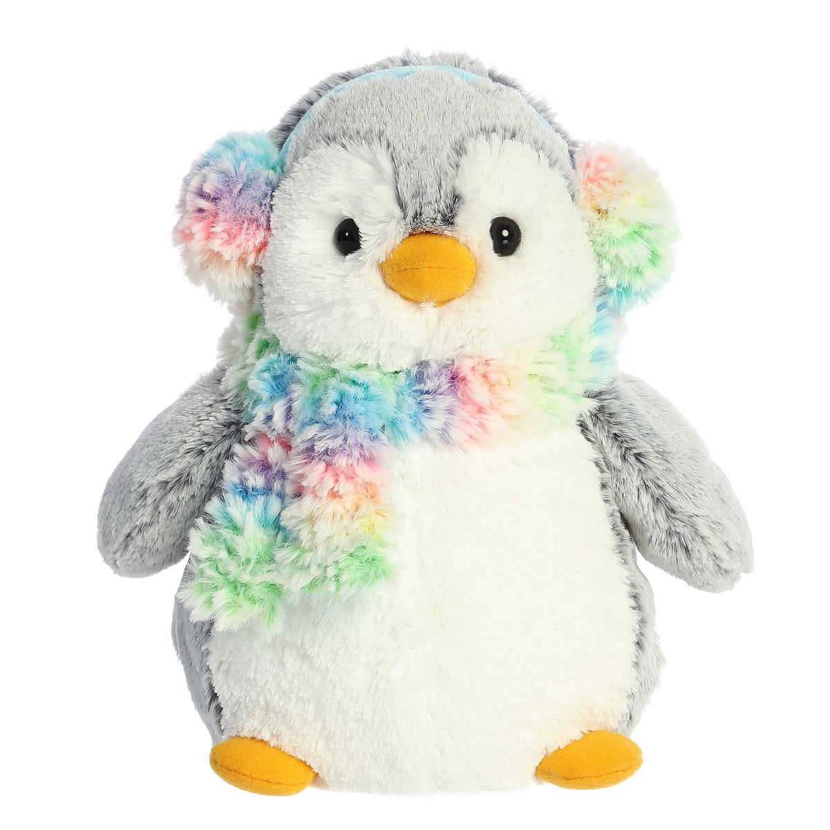 Pom Pom Rainbow plush penguin from Aurora, with a multicolored fluffy scarf, perfect for festive decor and cuddles.