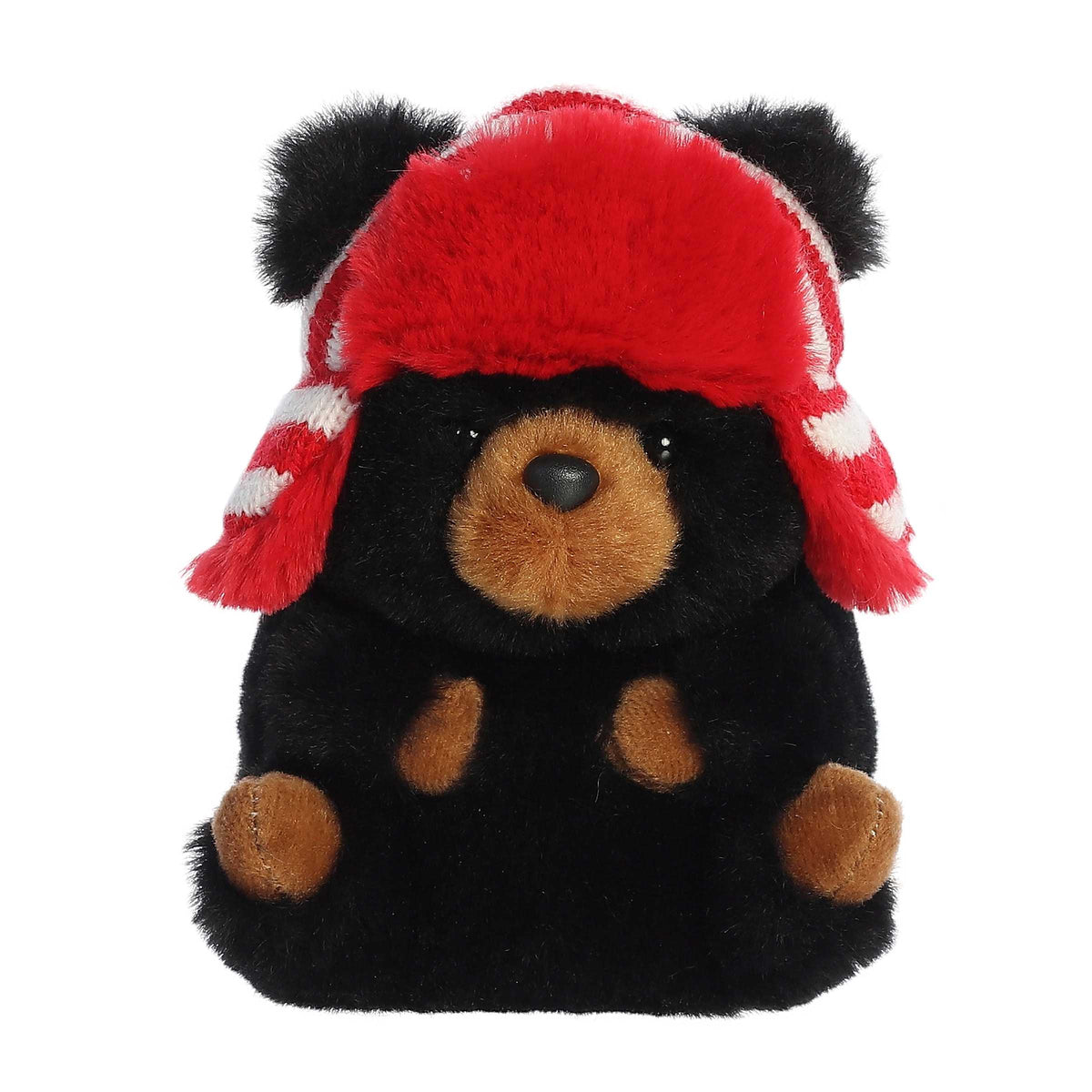 Blake Black Bear plush from Aurora's Rolly Pet collection, with a soft, round body and festive hat