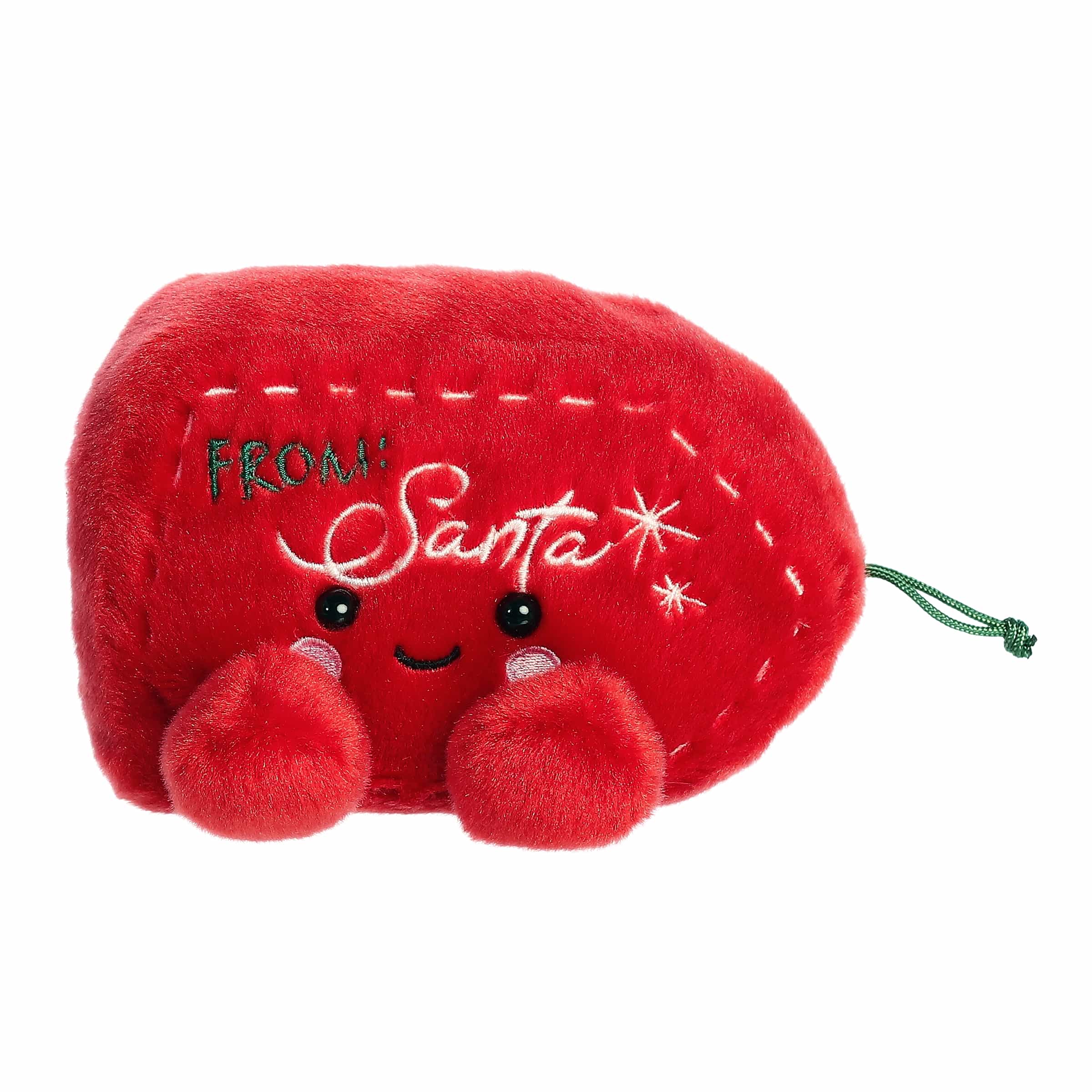 Red gift tag plush with “From Santa” script, green ribbon loop, stitched details, and a sweet smile