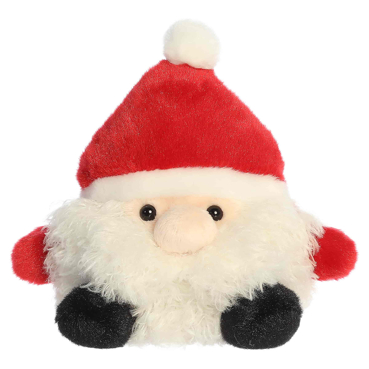 Santa plush with a red hat, fluffy white beard, and fits in the palm of your hand.