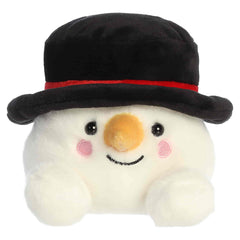 White snowman plush with a black hat, carrot nose, and fits in the palm of your hand.